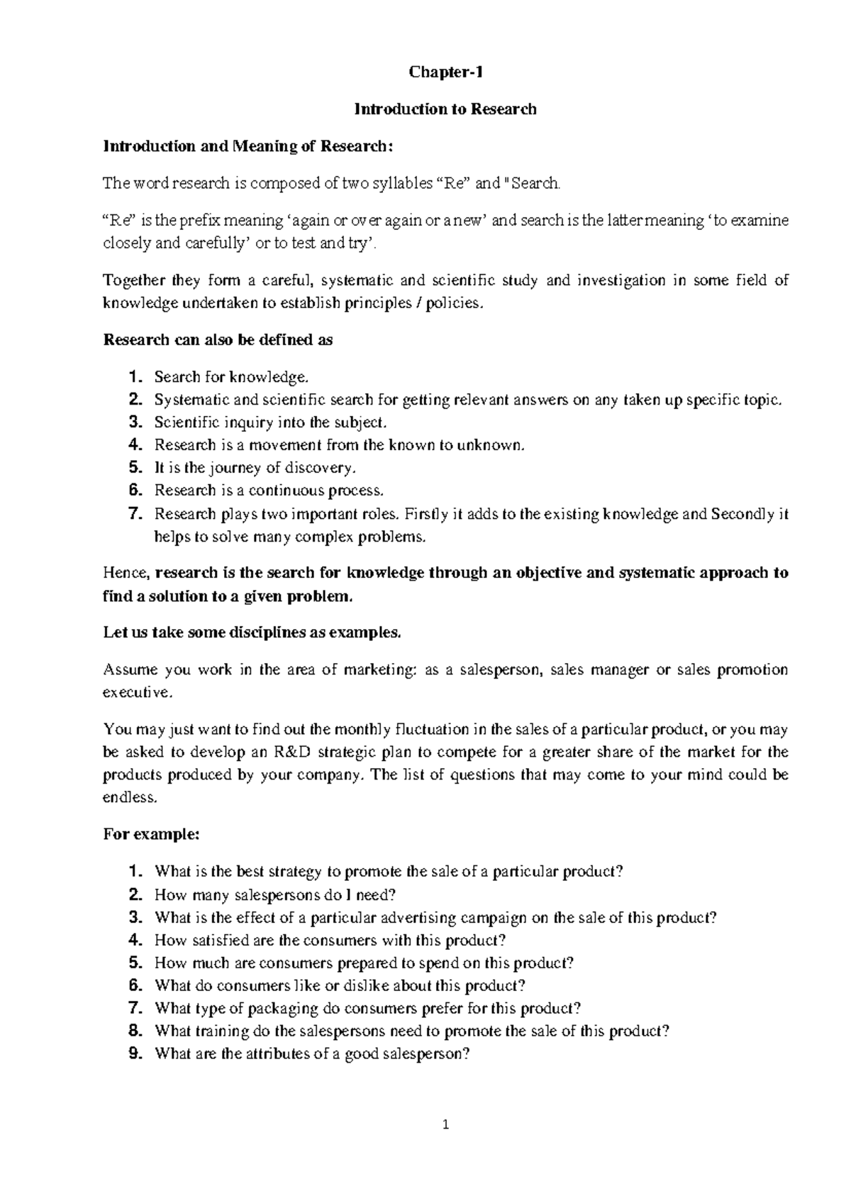Chapter 1: Introduction to Research - Concepts and Importance - Studocu