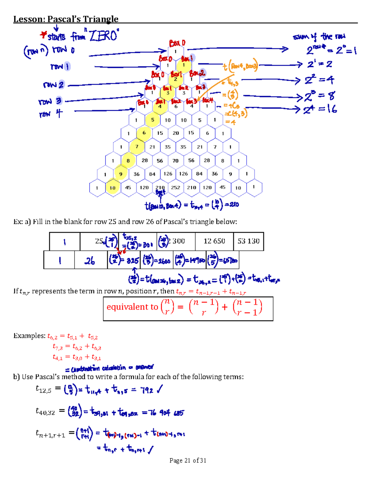 Lesson: 2.7 Pascal's Triangle and Path Applications - Studocu