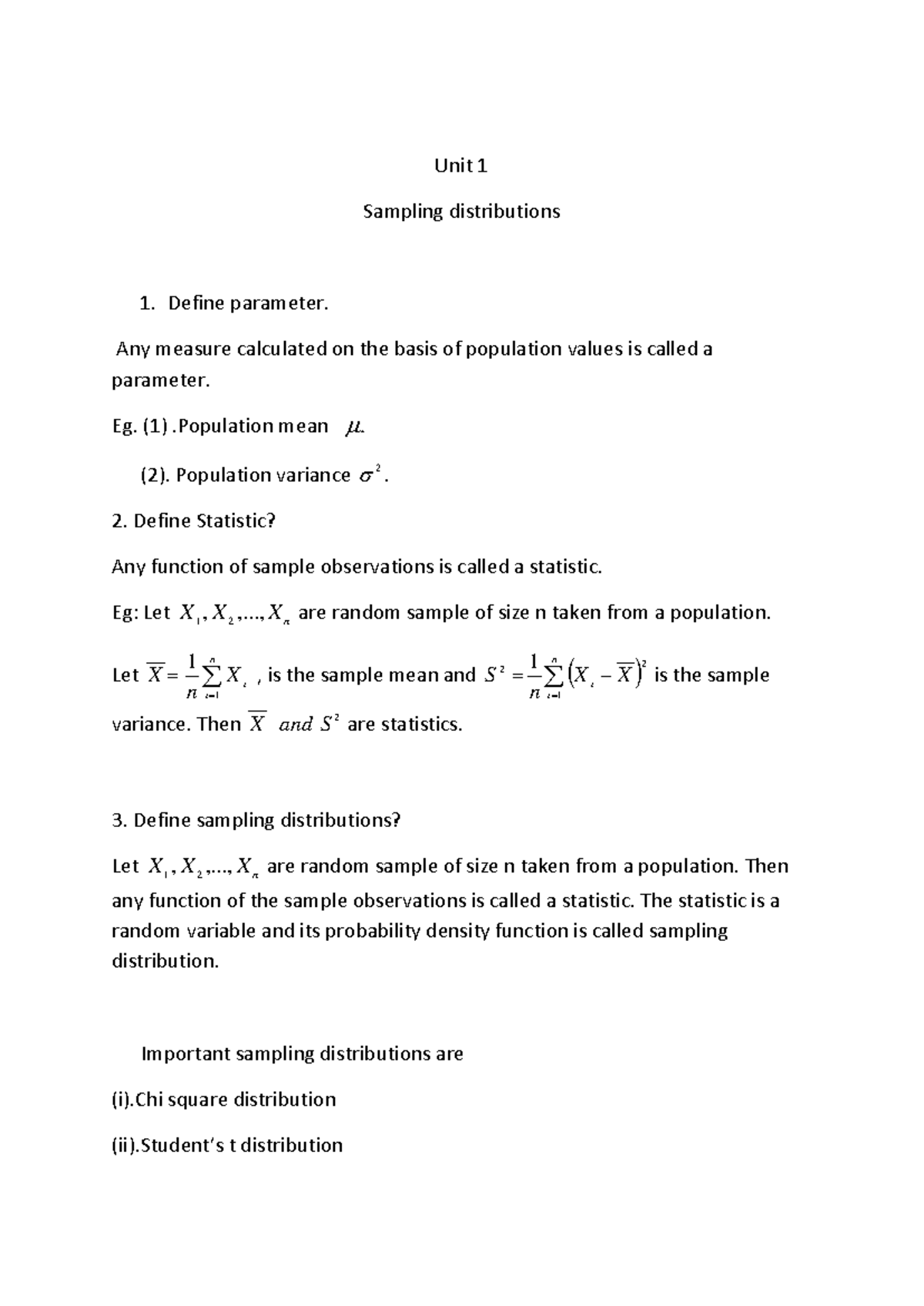 Sampling distributions - Unit 1 Sampling distributions Define parameter ...