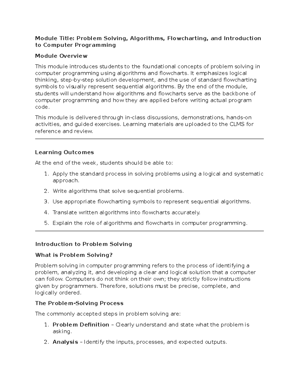 Module 3: Problem Solving & Algorithms in Computer Programming - Studocu