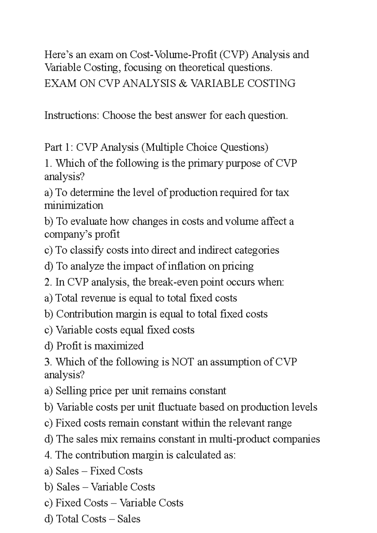 CVP AND Variable - Here’s an exam on Cost-Volume-Profit (CVP) Analysis ...