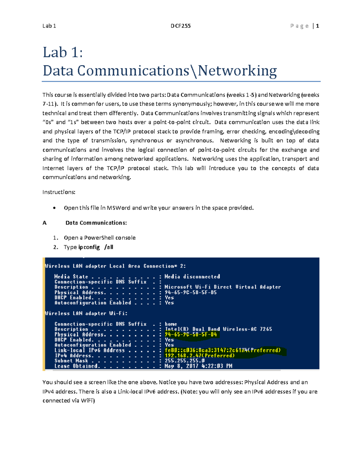 Lab1 Data Comm Networing Overview-S2020 - Lab 1: Data Communications ...
