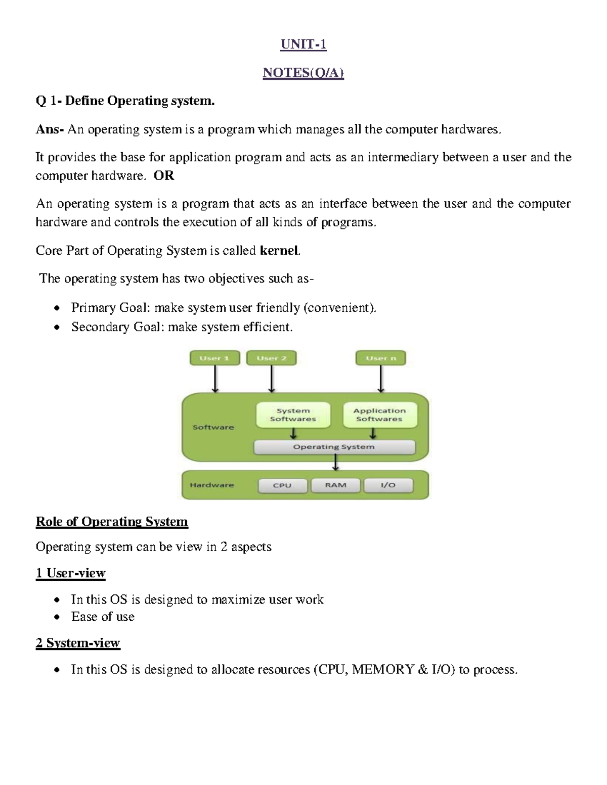 CSE Unit 1: Operating System Concepts and Functions Study Notes - Studocu