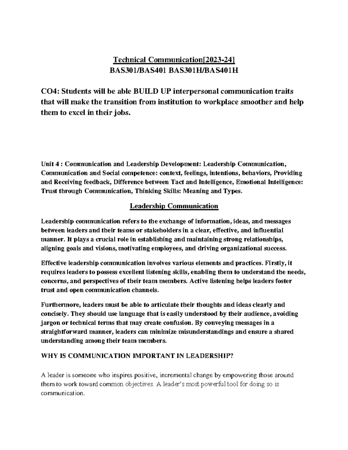Technical CO4: Enhancing Interpersonal Communication & Leadership ...