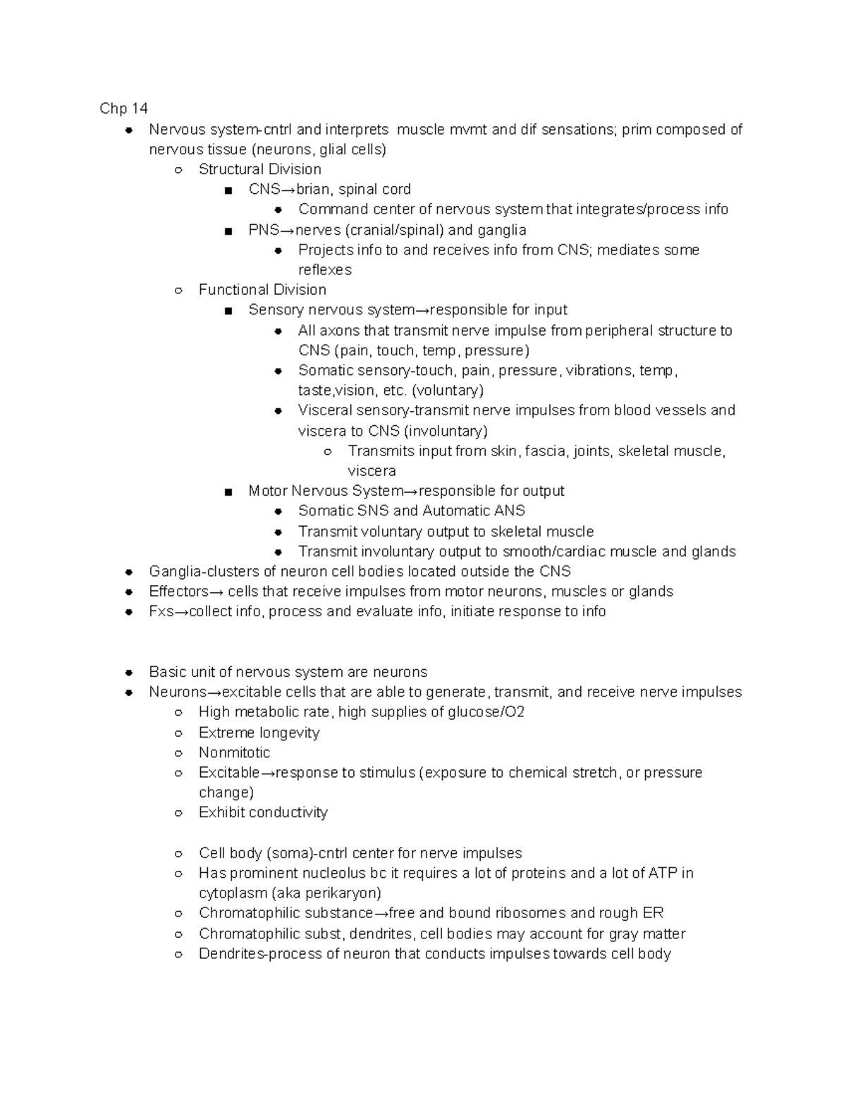 ANAT025 Chapter 14 - Detailed Study on the Nervous System - Studocu