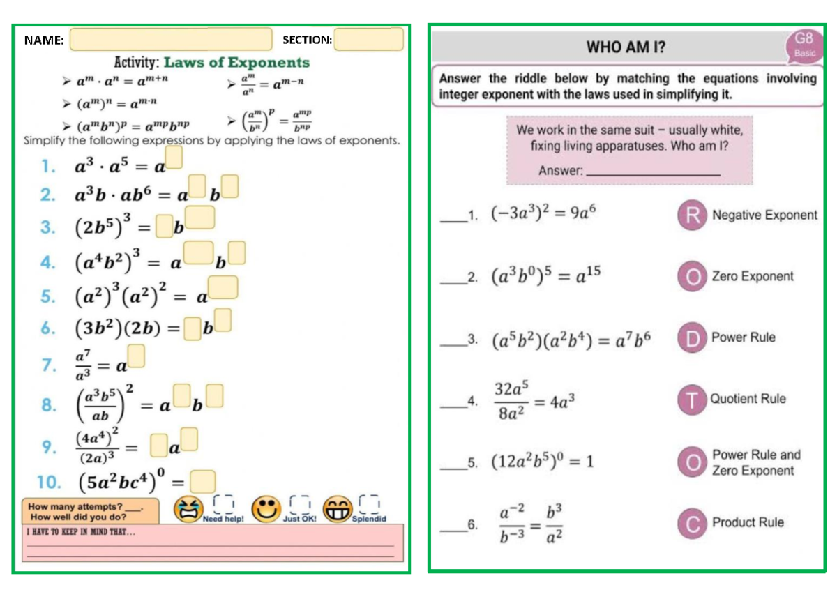G8 Review for Laws of Exponents: Who Am I? Activity - Studocu