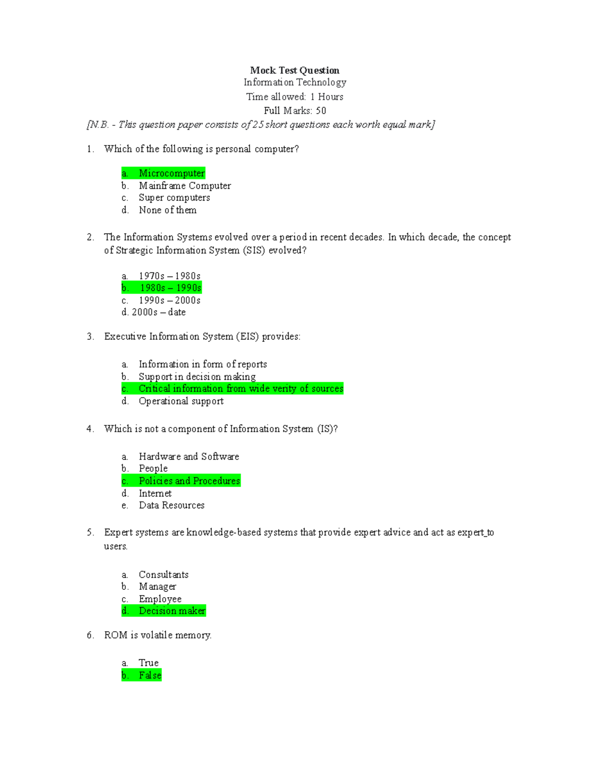 IT Mock Test Questions & Marked Answers (Time: 1 Hour) - Studocu
