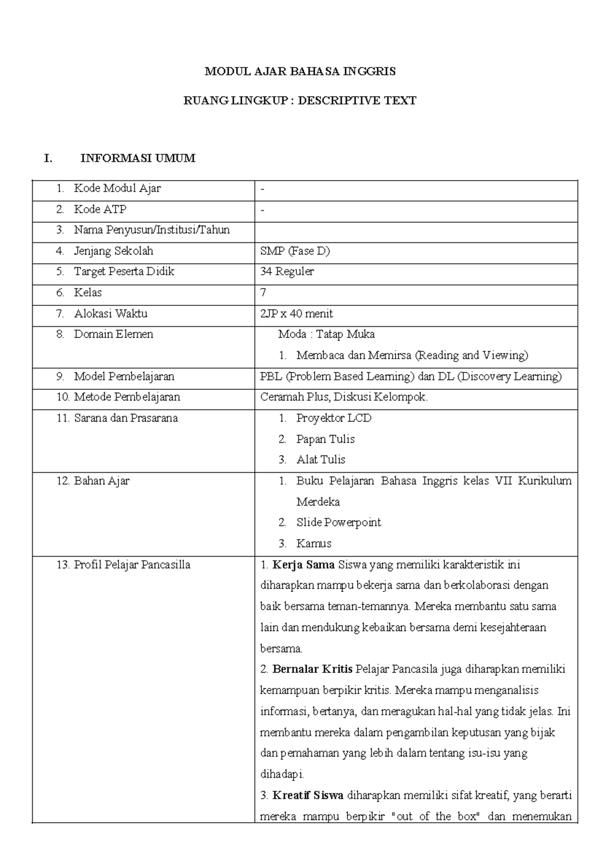 Modul Ajar Descriptive Text untuk Kelas 7 SMP - Bahasa Inggris - Studocu