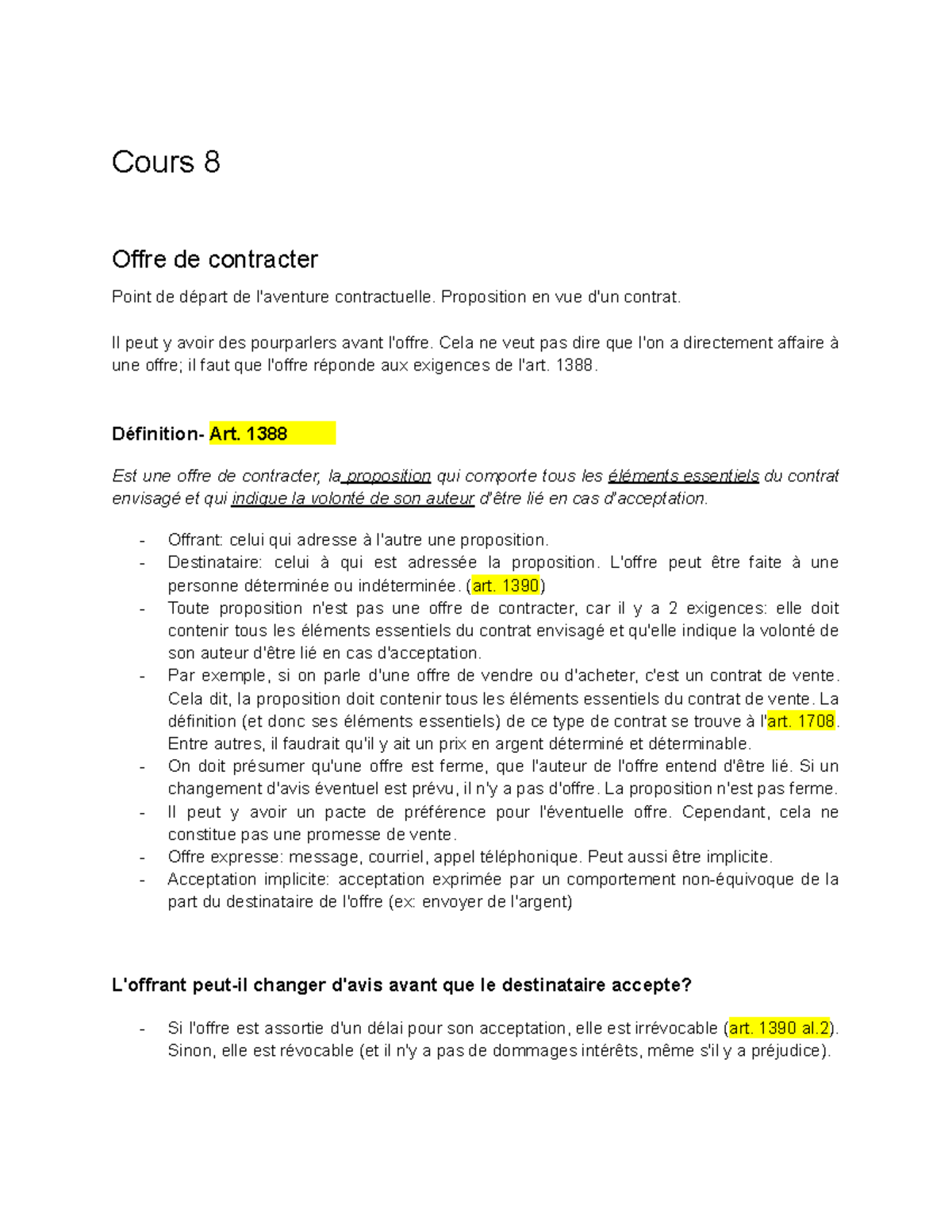 Cours 8: Offre de Contracter et Obligations Contractuelles - Studocu