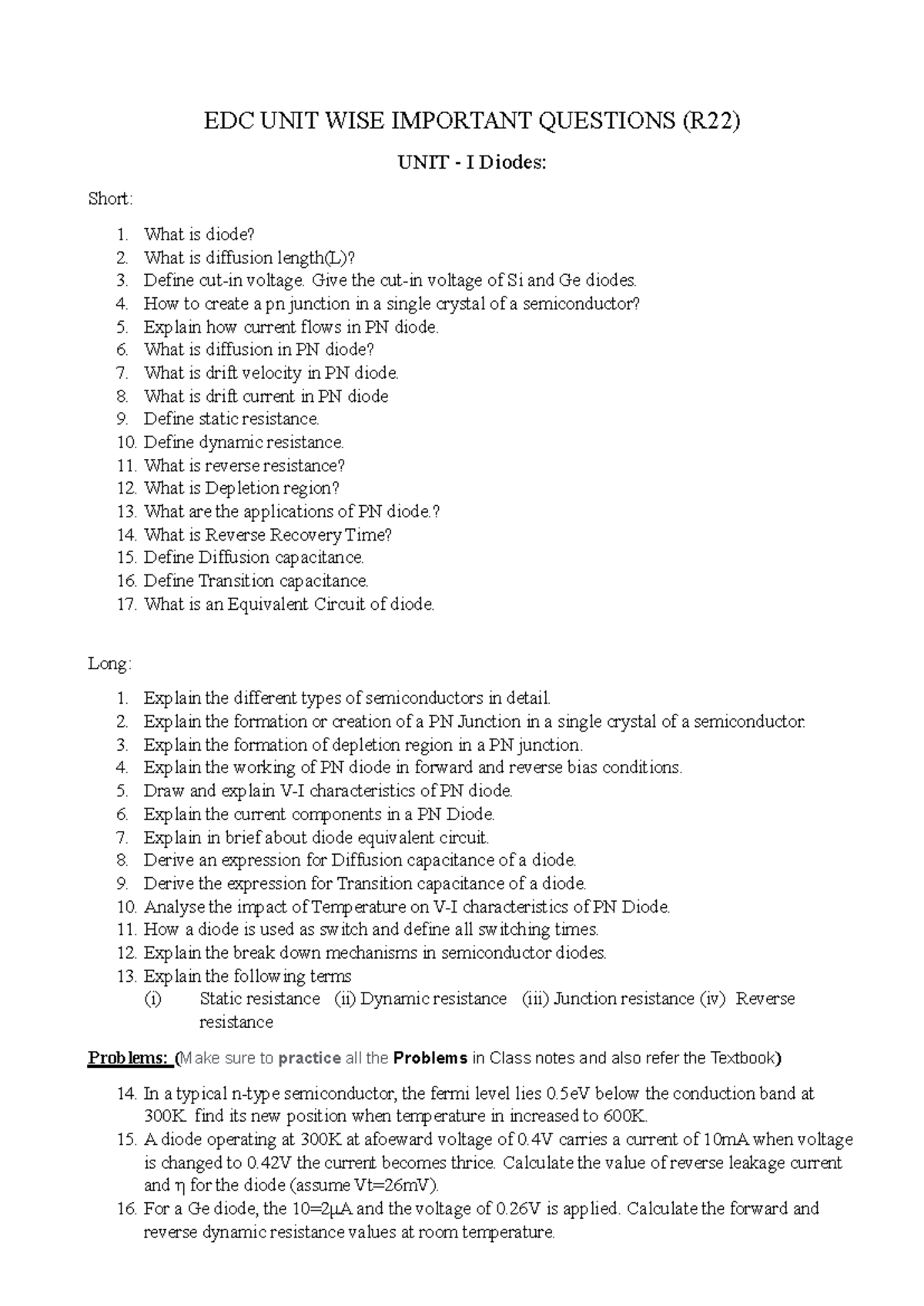 EDC UNIT WISE IMPORTANT QUESTIONS (R22) - Studocu