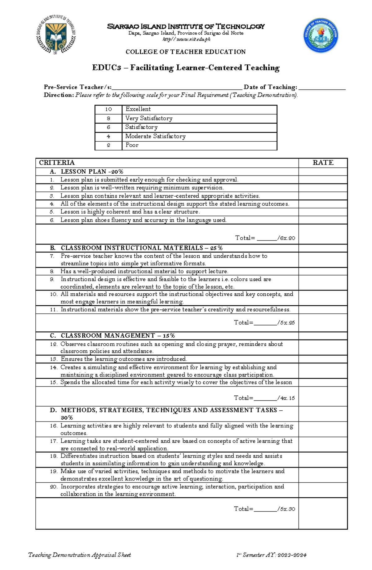 Rubric for Teaching Demonstration - Teaching Demonstration Appraisal ...