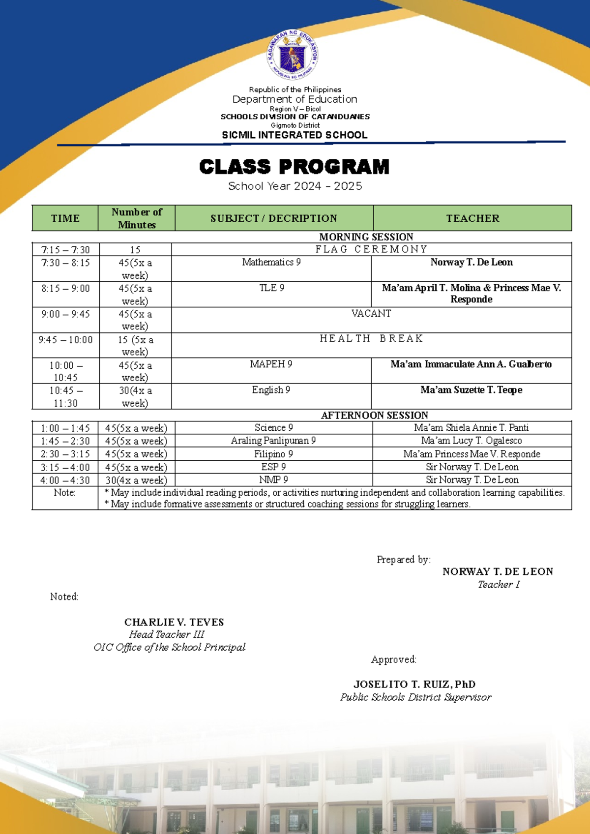 Class Program Final SY 2024-2025 for Sicmil Integrated School - Studocu
