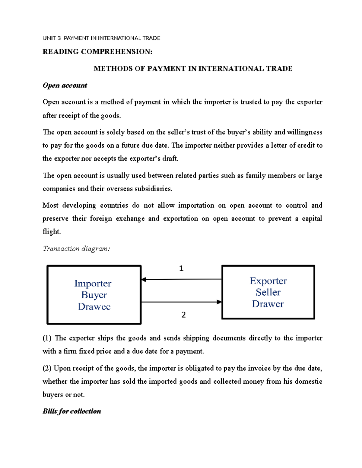 UNIT 3 Payment Methods in International Trade: Reading Comprehension ...