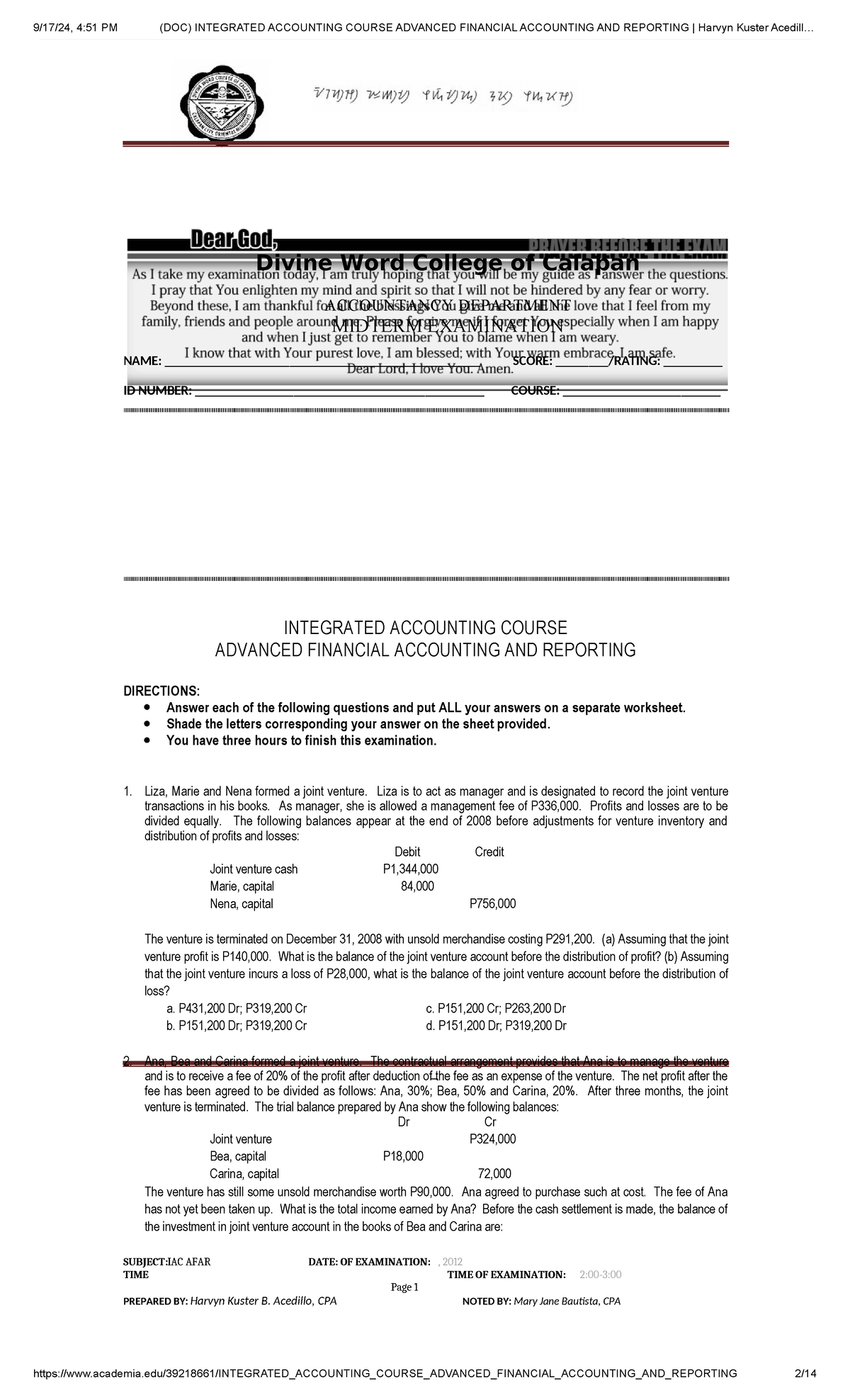 IAC AFAR - Midterm Exam Practice Questions and Answers - Studocu