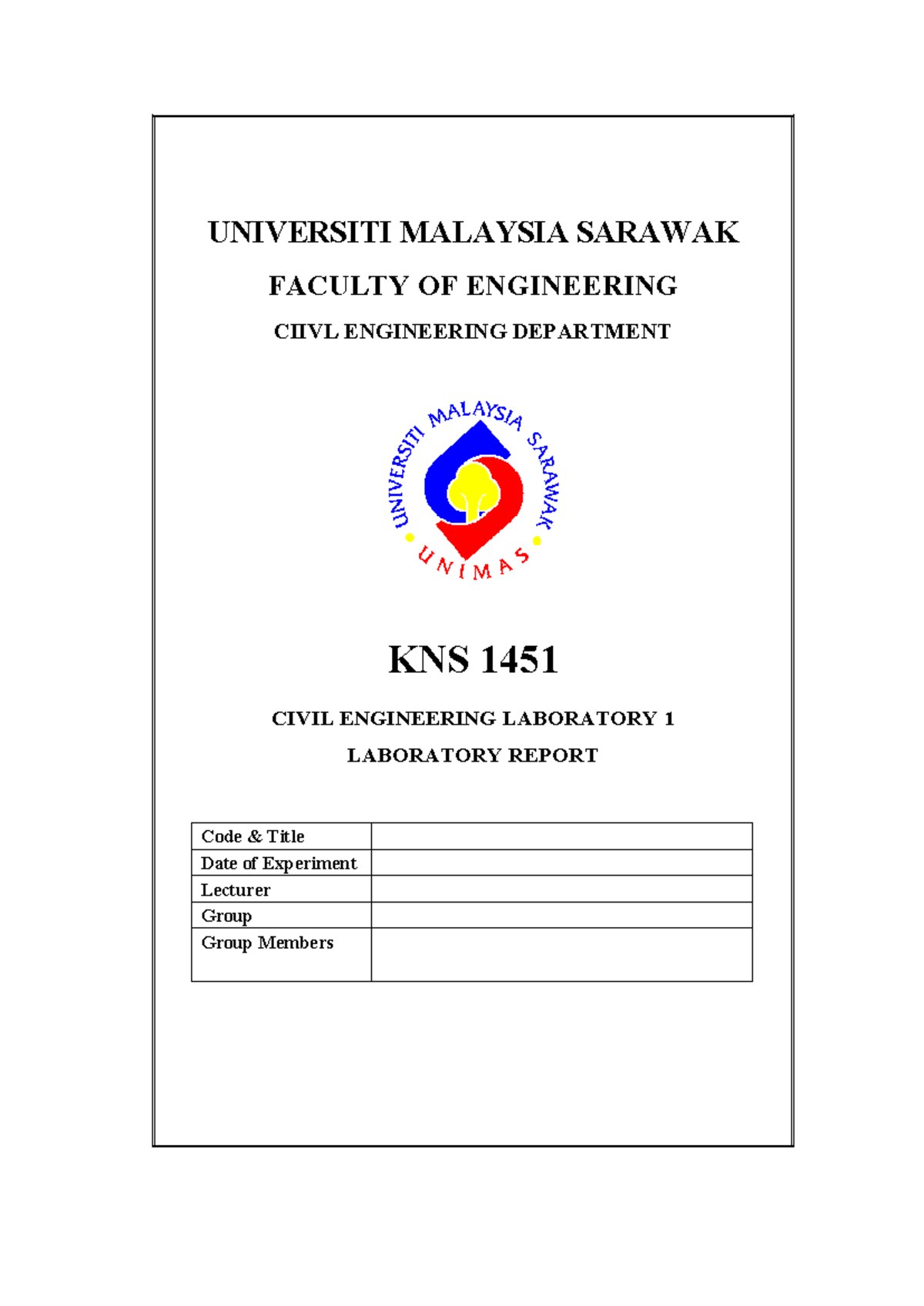 Lab Report Cover Page Unimas 202420250 - Civil Engineering - UNIVERSITI ...