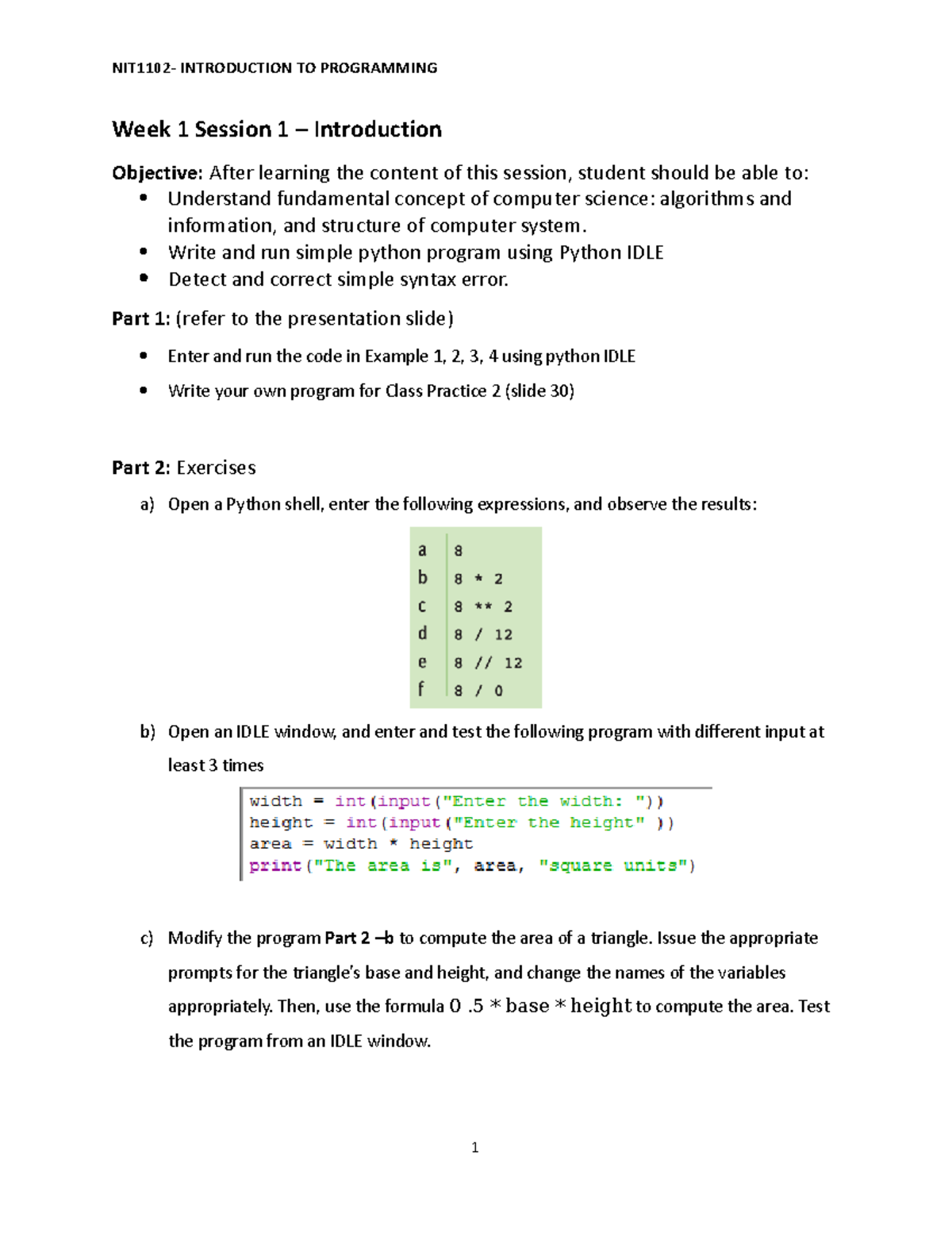 NIT1102 Lab 1: Intro to Programming - Python Basics and Exercises - Studocu
