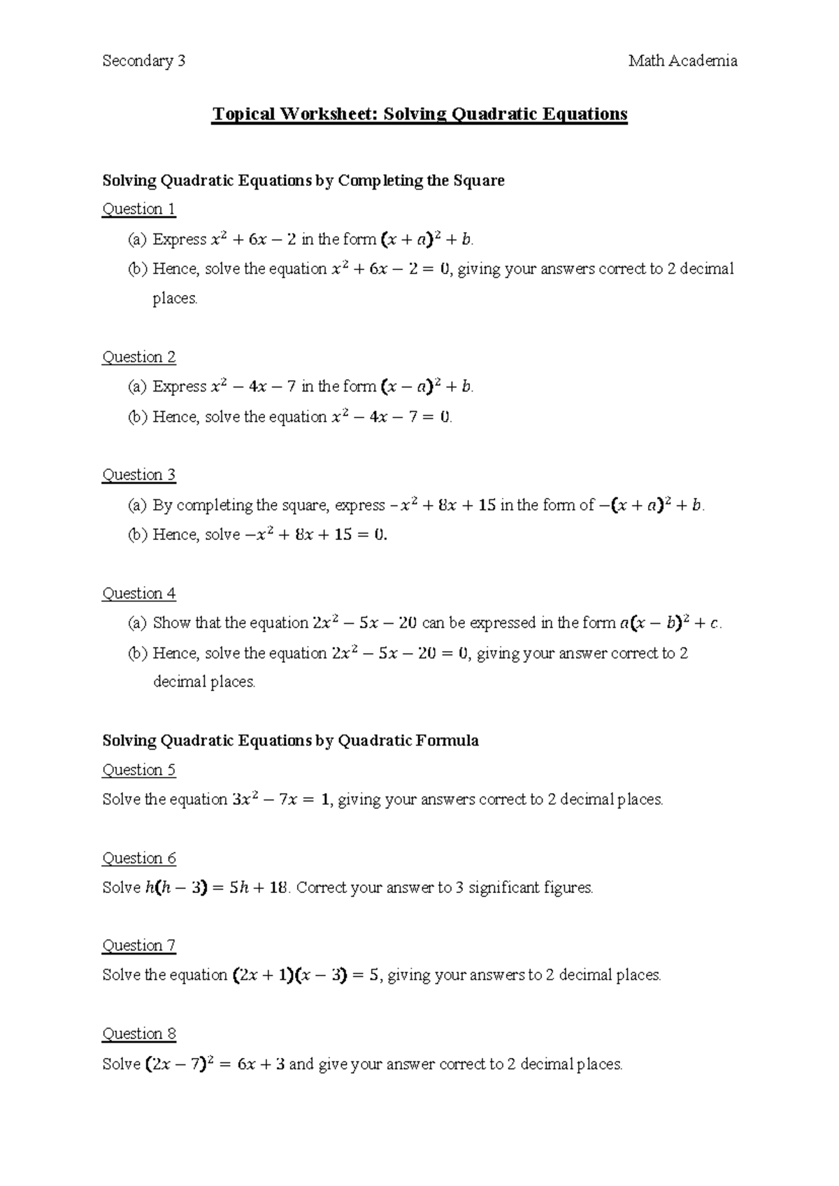 S3 Math Academia: Solving Quadratic Equations Worksheet - Studocu