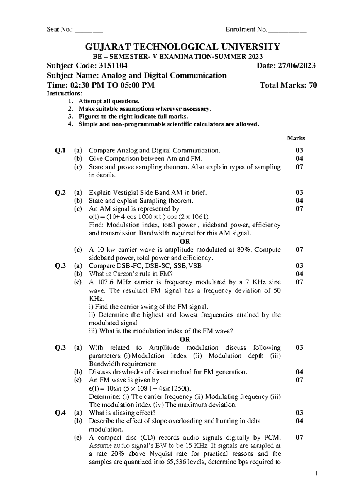 3151104 BE Summer 2023 - Analog & Digital Communication Exam Notes ...