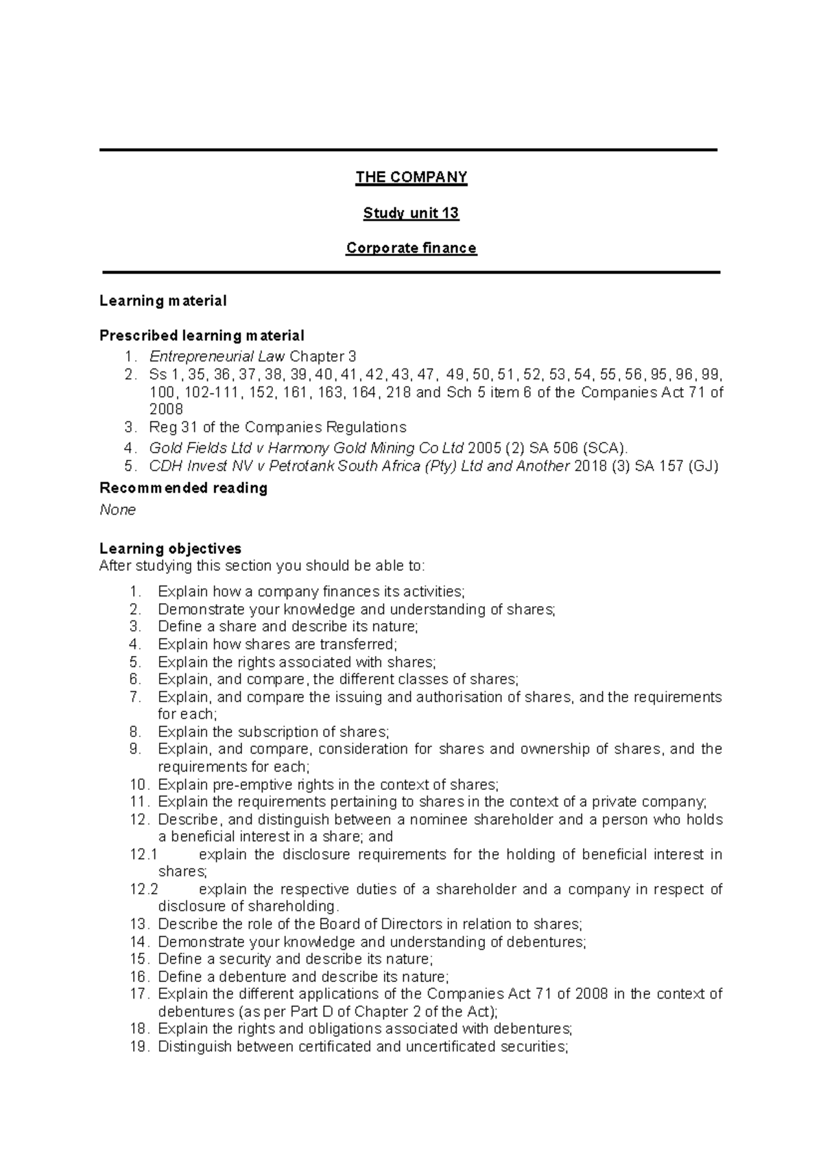 SU13 Corporate Finance: Key Learning Outcomes and Concepts - Studocu