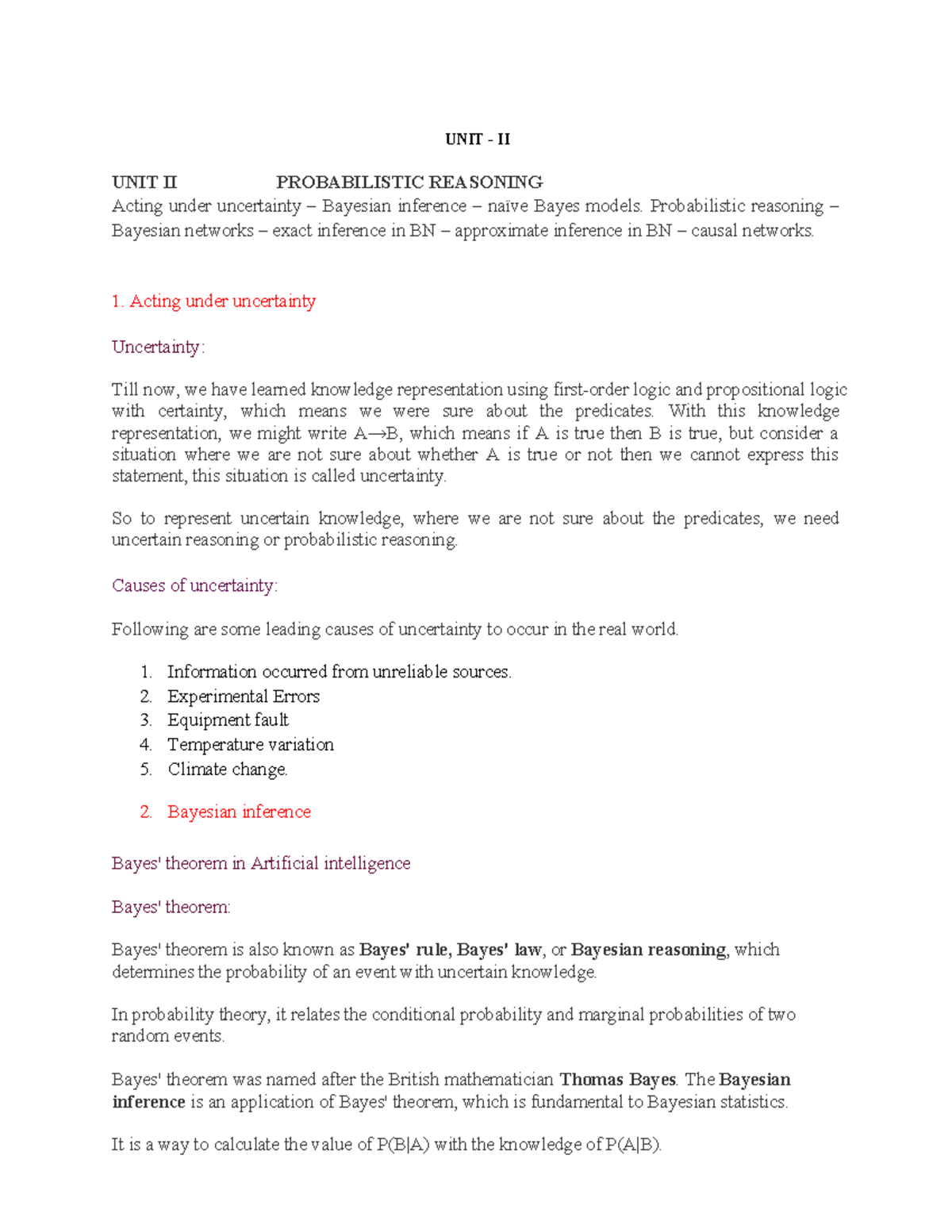 UNIT II AIML - Probabilistic Reasoning & Bayesian Inference Notes - Studocu