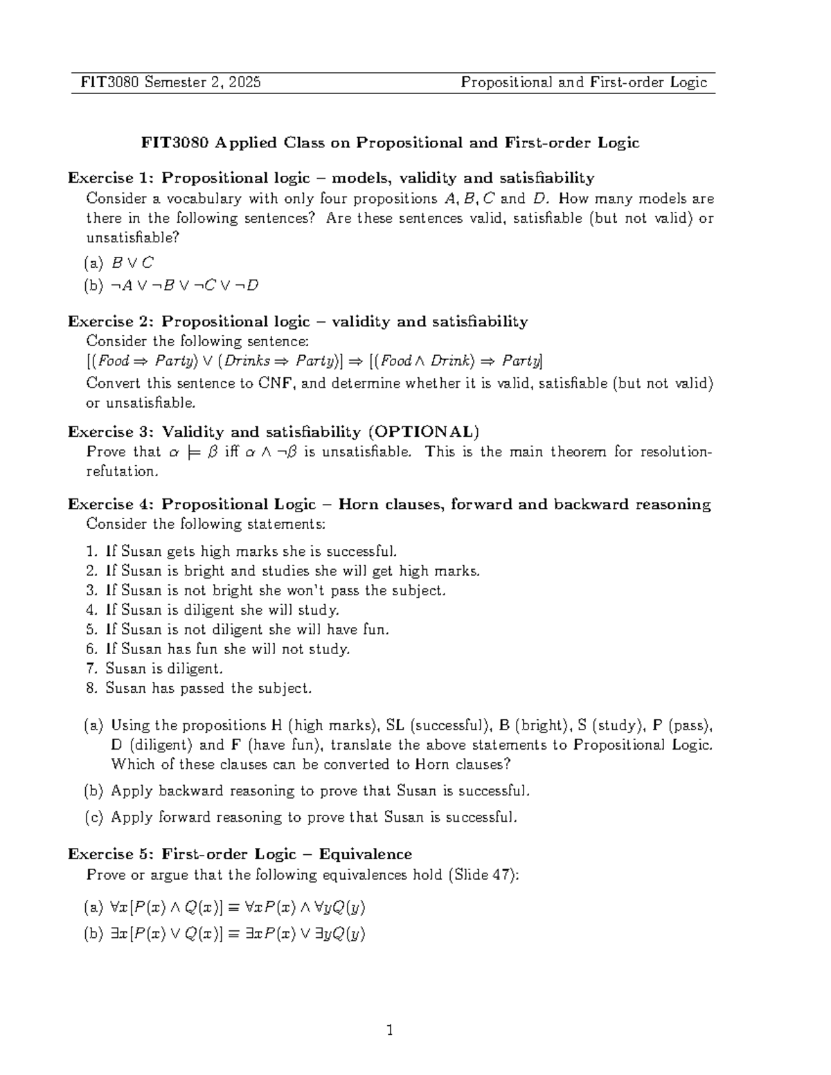 FIT3080 Semester 2, 2025 Propositional Logic Exercises and Models - Studocu