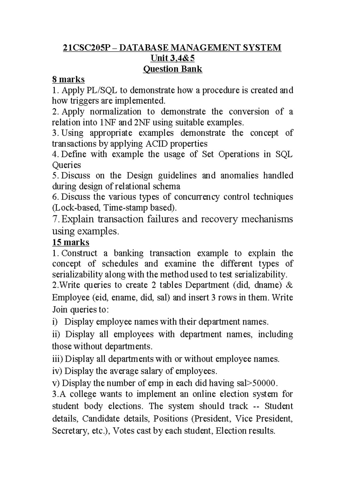 21CSC205P DATABASE MANAGEMENT SYSTEM - Unit Question Bank - Studocu