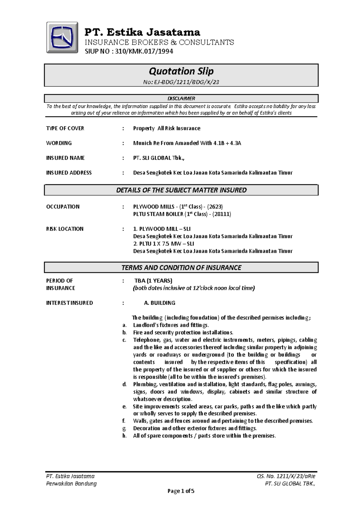 (1211) Property All Risk Insurance Quotation for PT. SLI Global Tbk ...