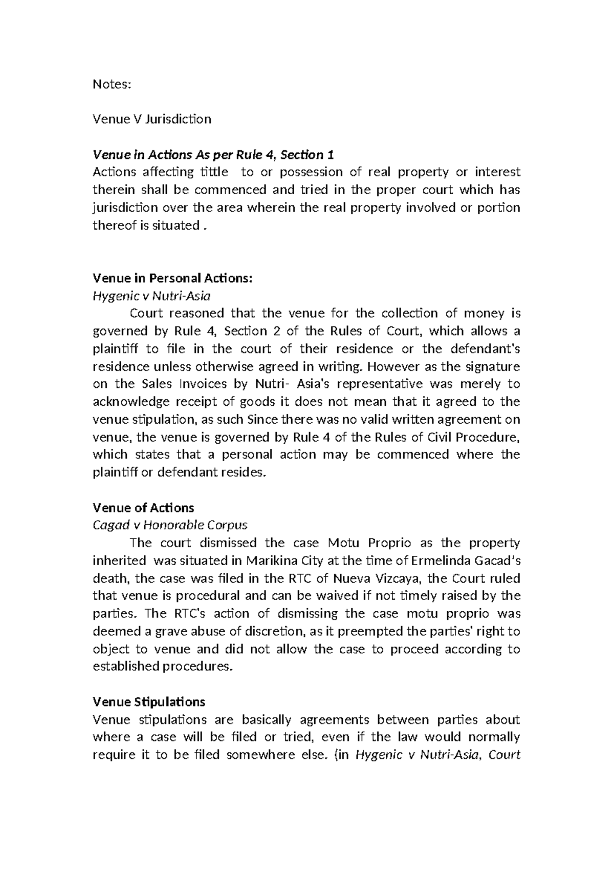Venue and Jurisdiction Notes: Legal Framework and Case Analysis - Studocu