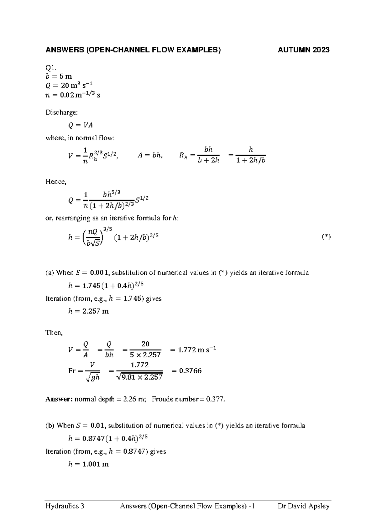 Solutions to Open Channel Flow Calculations (AUTUMN 2023) - Studocu