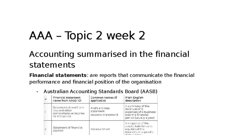 Topic 2 Week 2 - Accounting Financial Statements Overview - Studocu