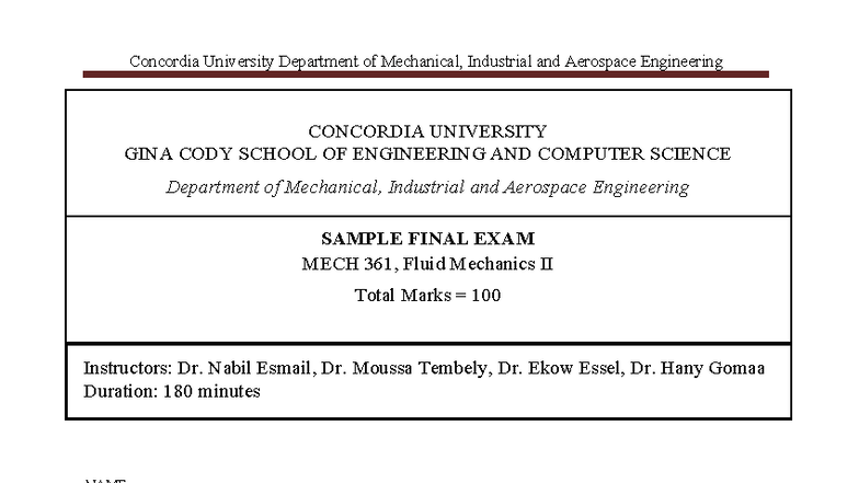 MECH 361 Sample Final Exam: Fluid Mechanics II Questions - Studocu