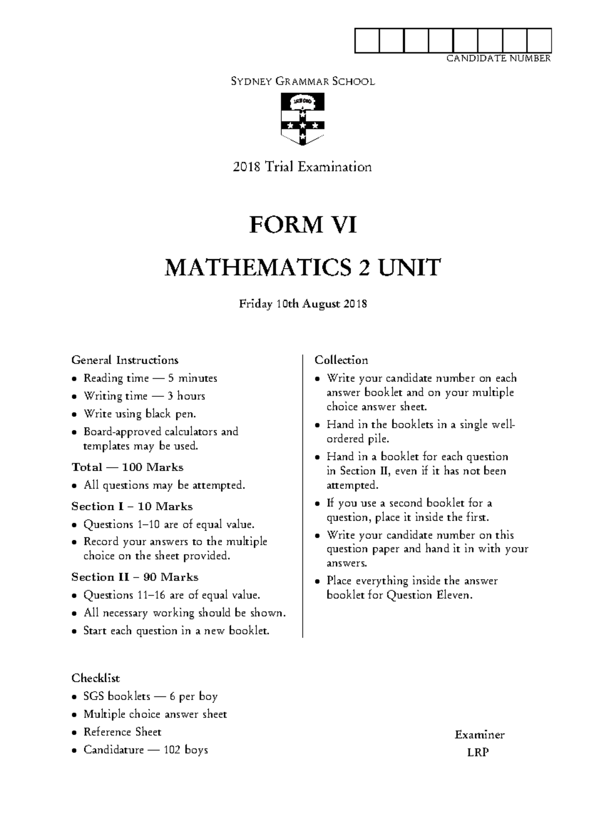 Sydney Grammar School 2018 Form VI Mathematics 2 Unit Trial Exam ...