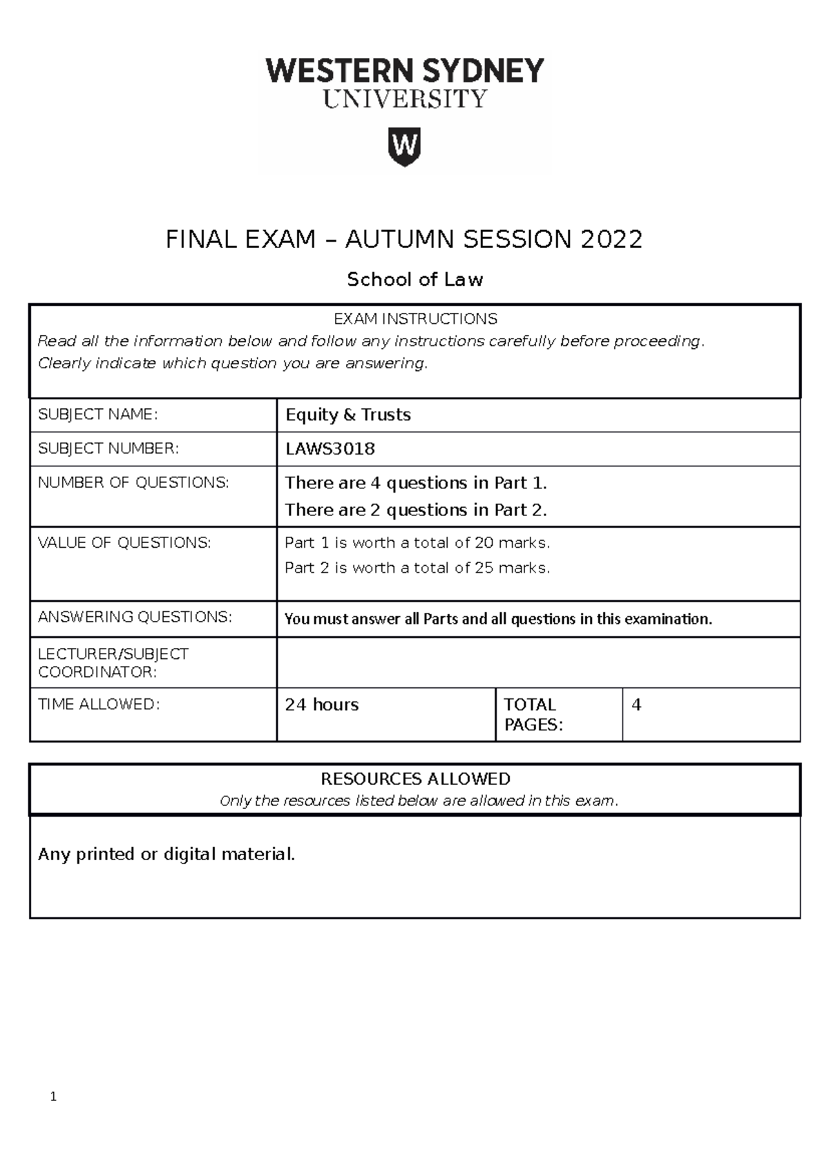 Equity & Trusts Final Exam - LAWS Autumn 2022 Guide - Studocu