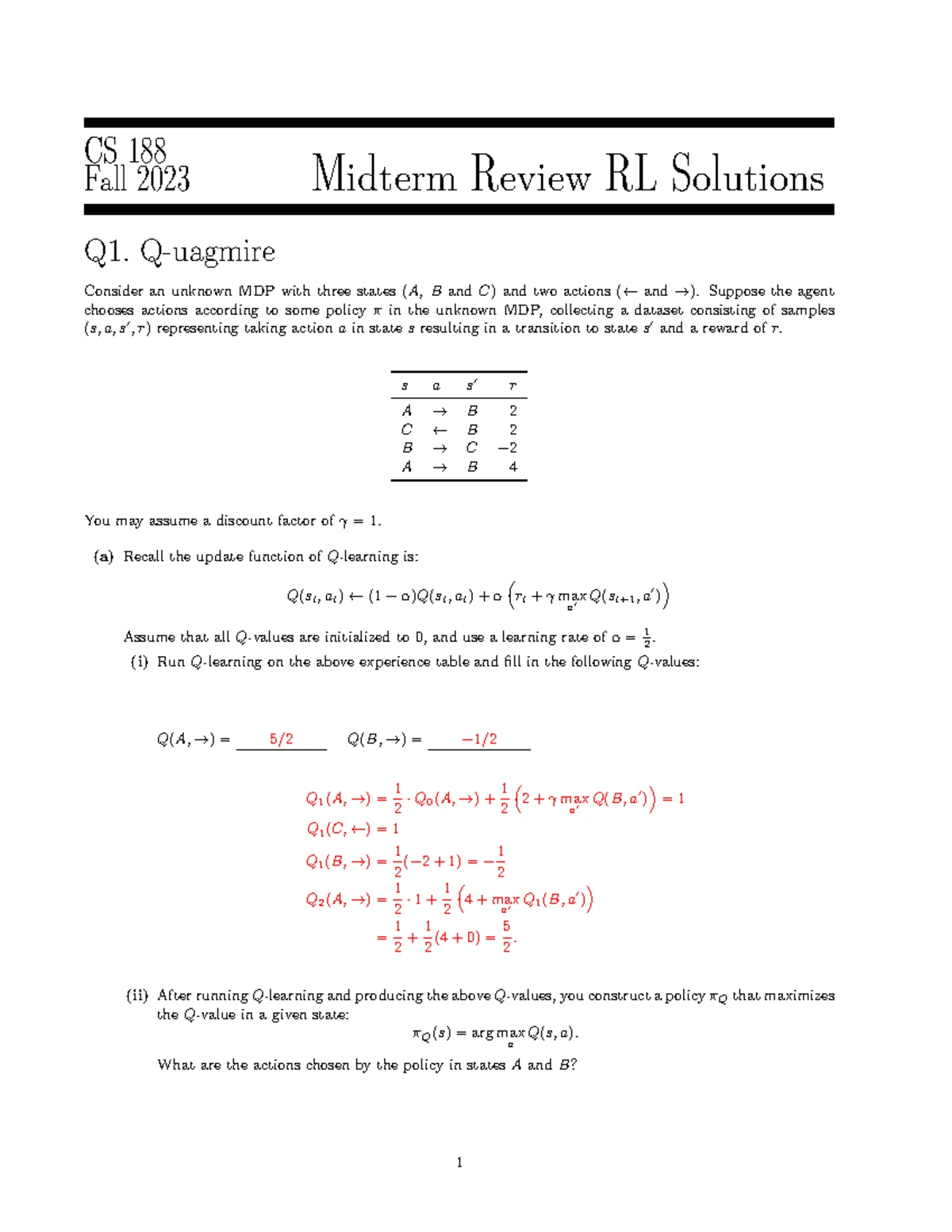 CS 188 - Fall 2023 Midterm Review Solutions for CSPs - Studocu