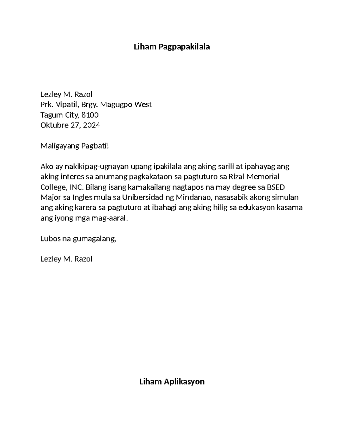 Liham Aplikasyon para sa Pagtuturo sa Rizal Memorial Colleges, INC ...