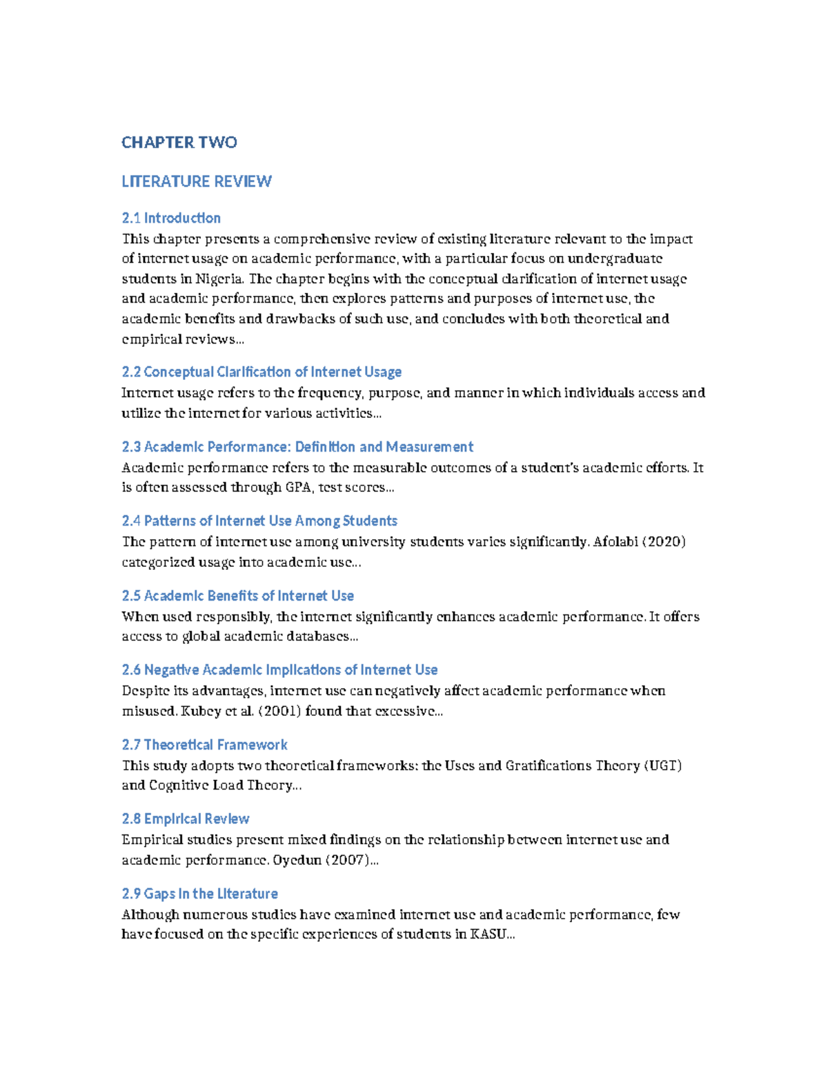 CHAPTER 2 LITERATURE REVIEW: Internet Use & Academic Performance - Studocu