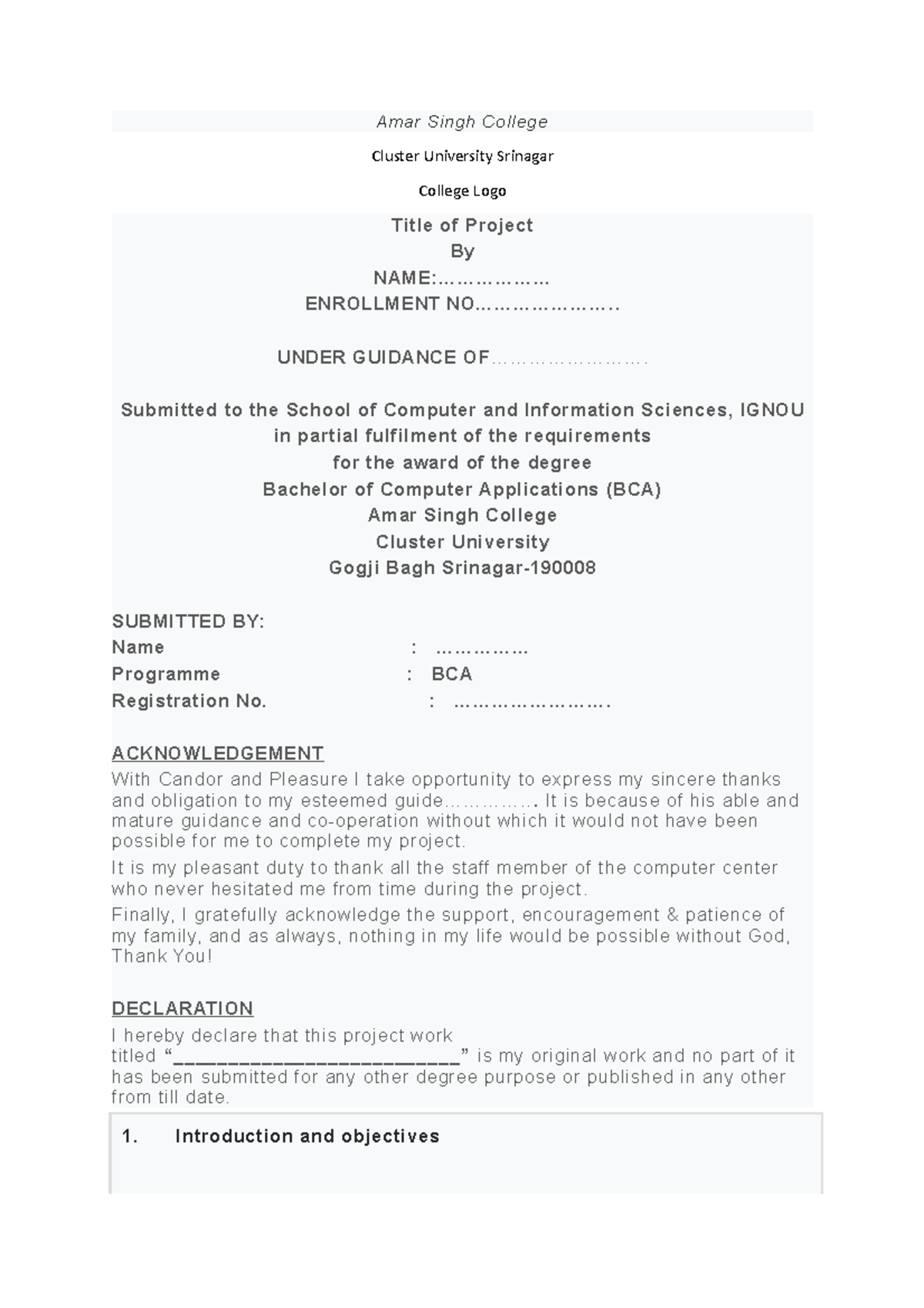 Project Report Format for BCA: Structure and Guidelines - Studocu