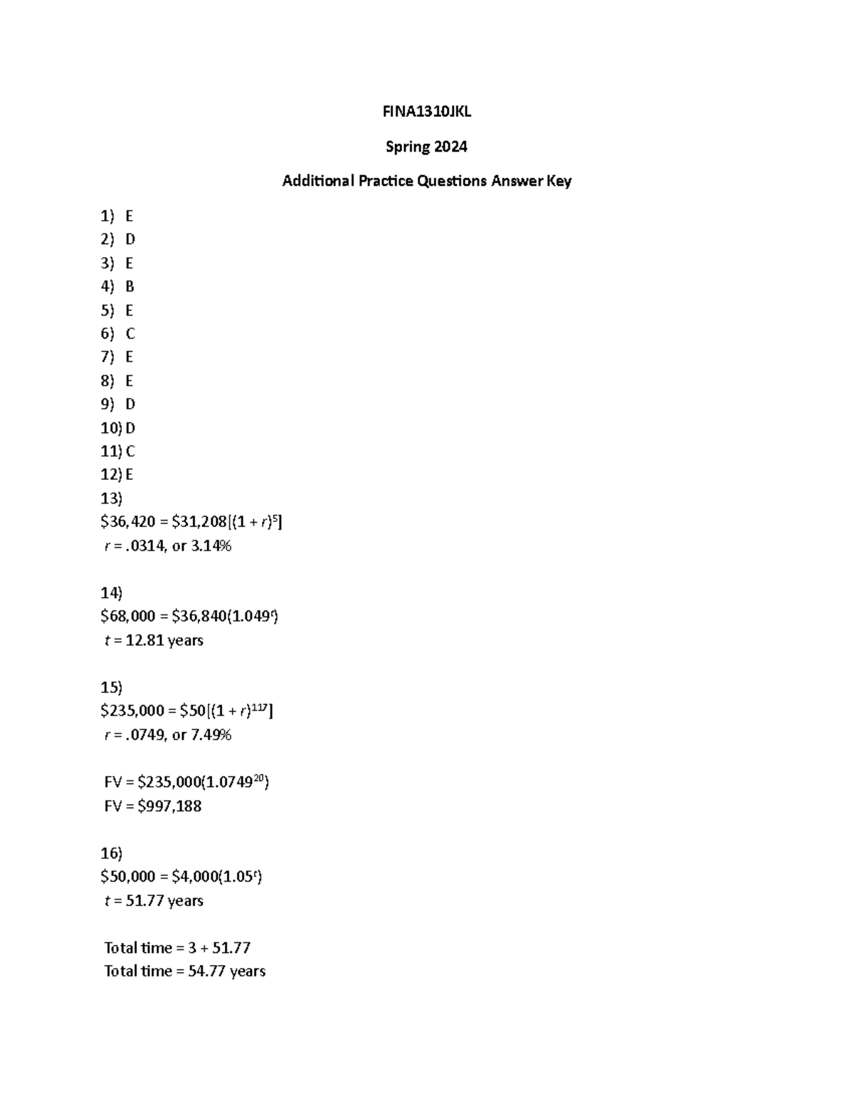 FINA1310 JKL Spring 2024 Additional Practice Questions Answer Key - Studocu