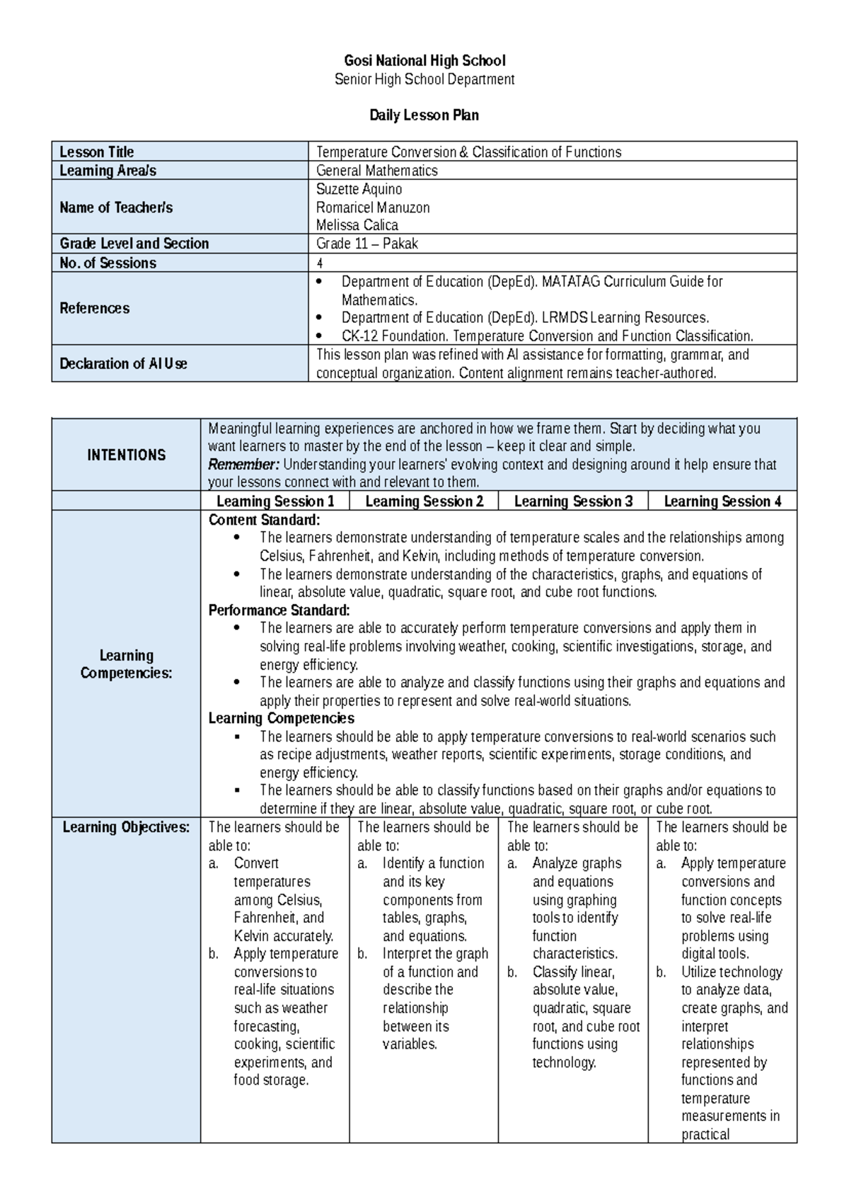 Grade 11 General Math Lesson Plan: Temp Conversion & Function ...
