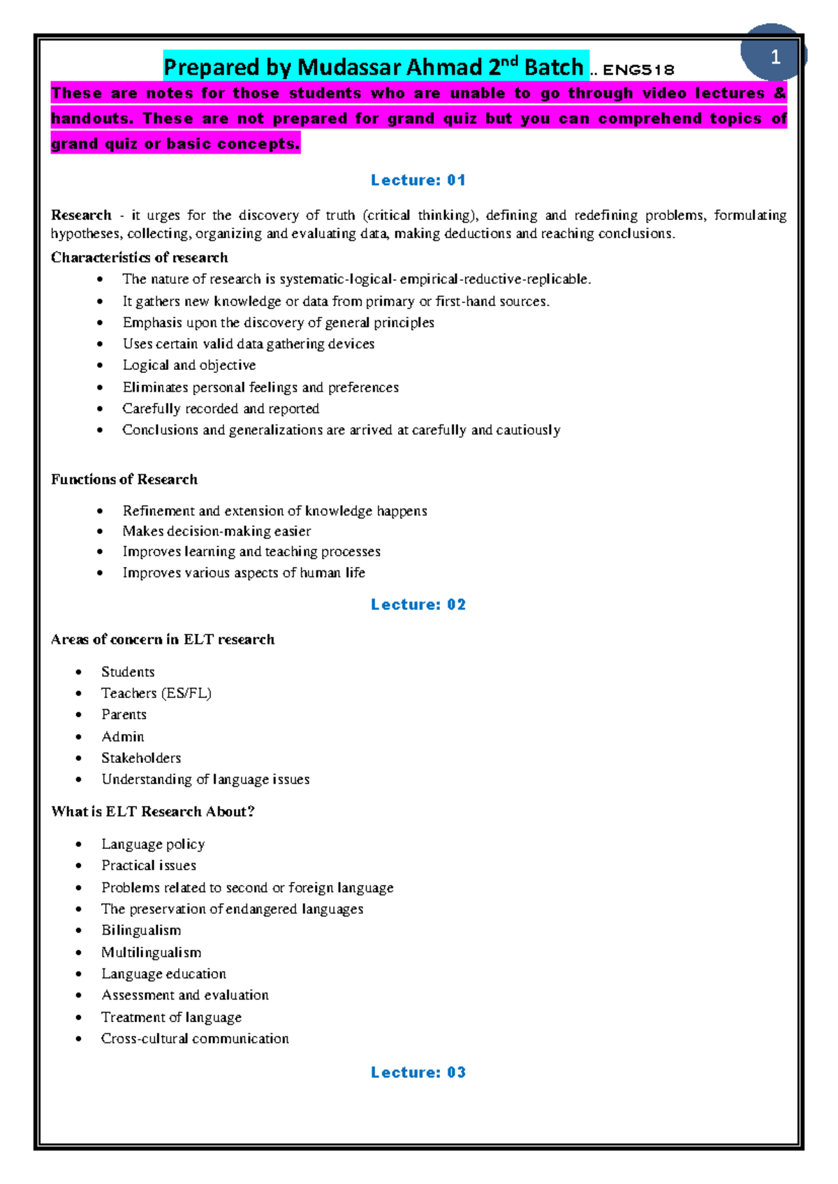ENG518 Lecture Notes: Research Methods and Statistical Analysis ...
