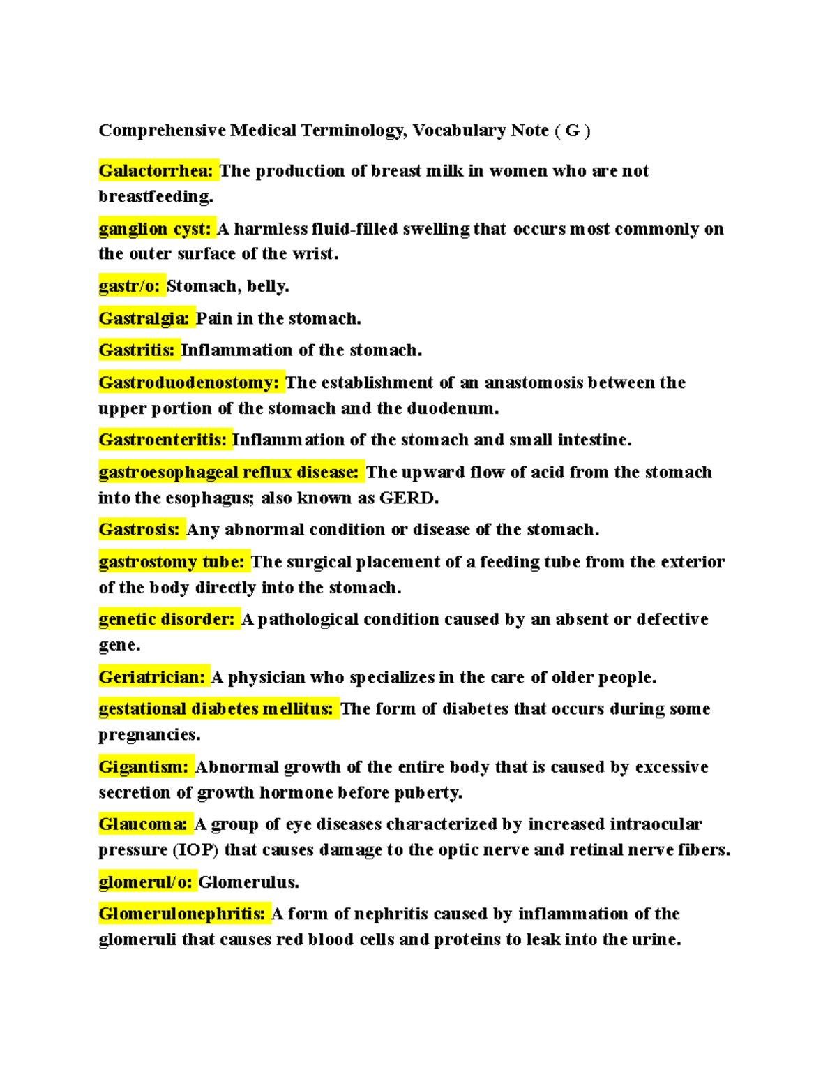 Comprehensive Medical Terminology: Vocabulary Note (G) - Studocu