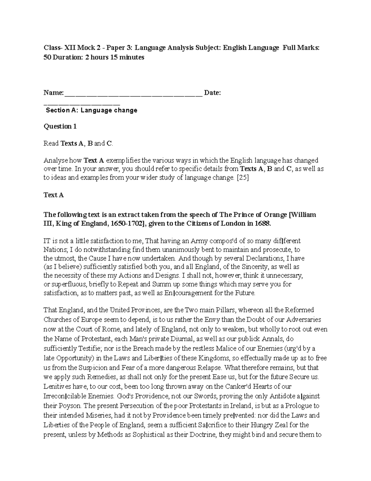 XII Mock 2 Paper 3: Language Change Analysis - English Language - Studocu