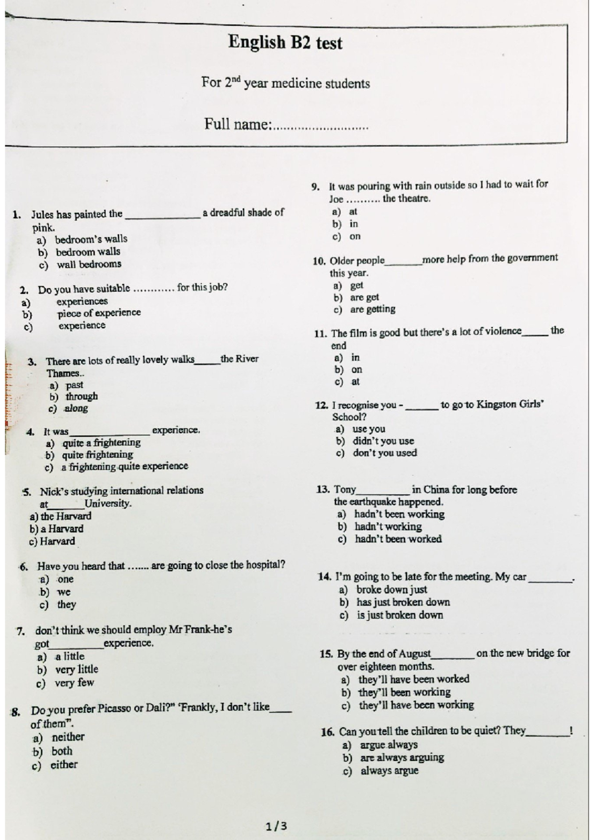 English B2 test 22-23 - Note - English B2 test For 2nd year medicine ...