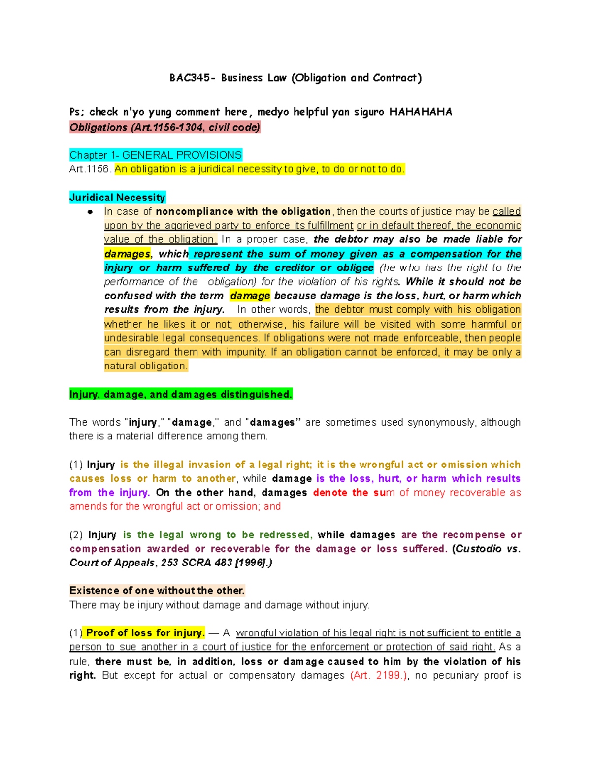 BAC345 - Business Law: General Provisions on Obligations and Contracts ...
