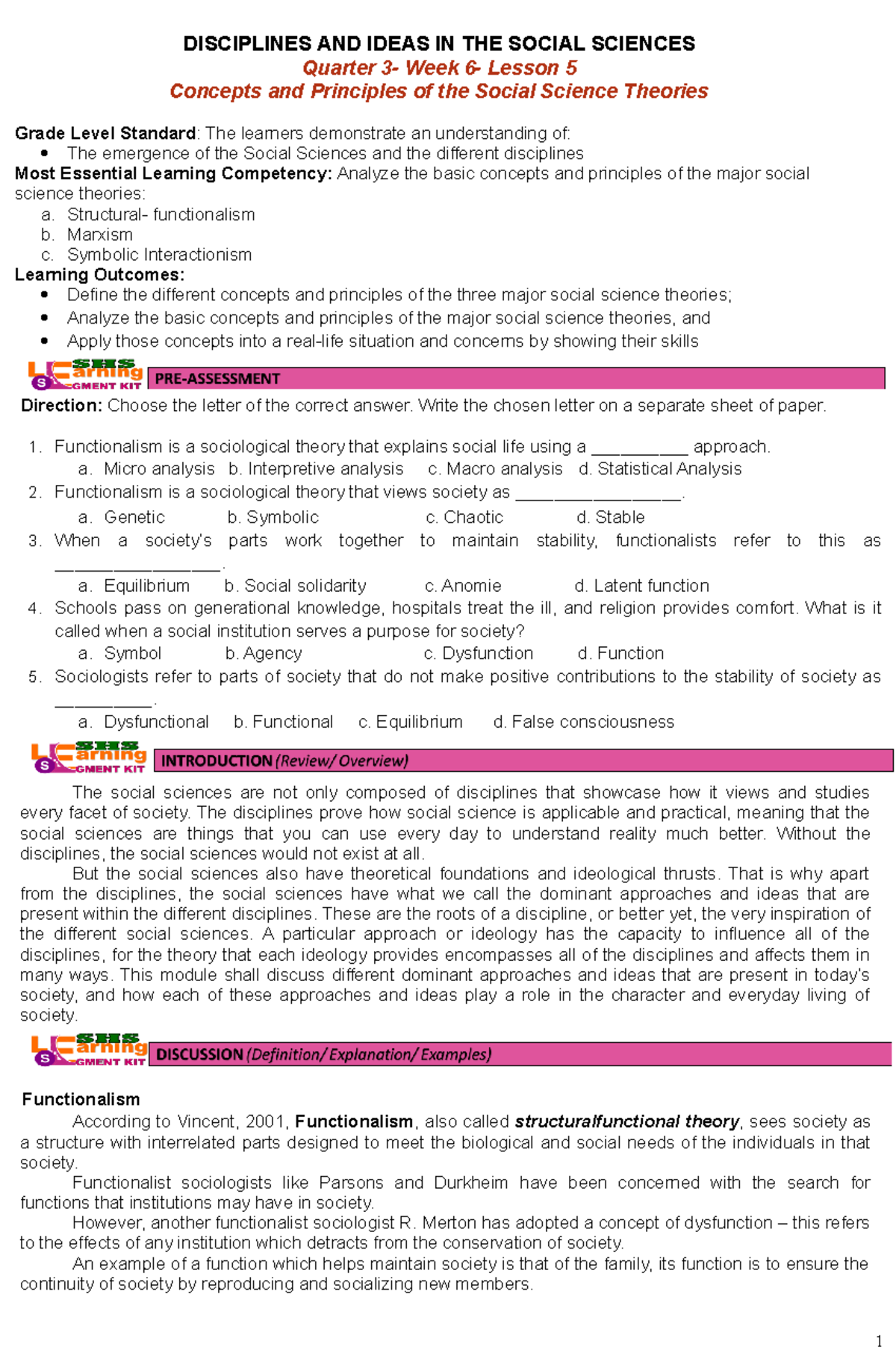 WEEK 6 - Lesson on Functionalism in Social Sciences (DISS Module) - Studocu