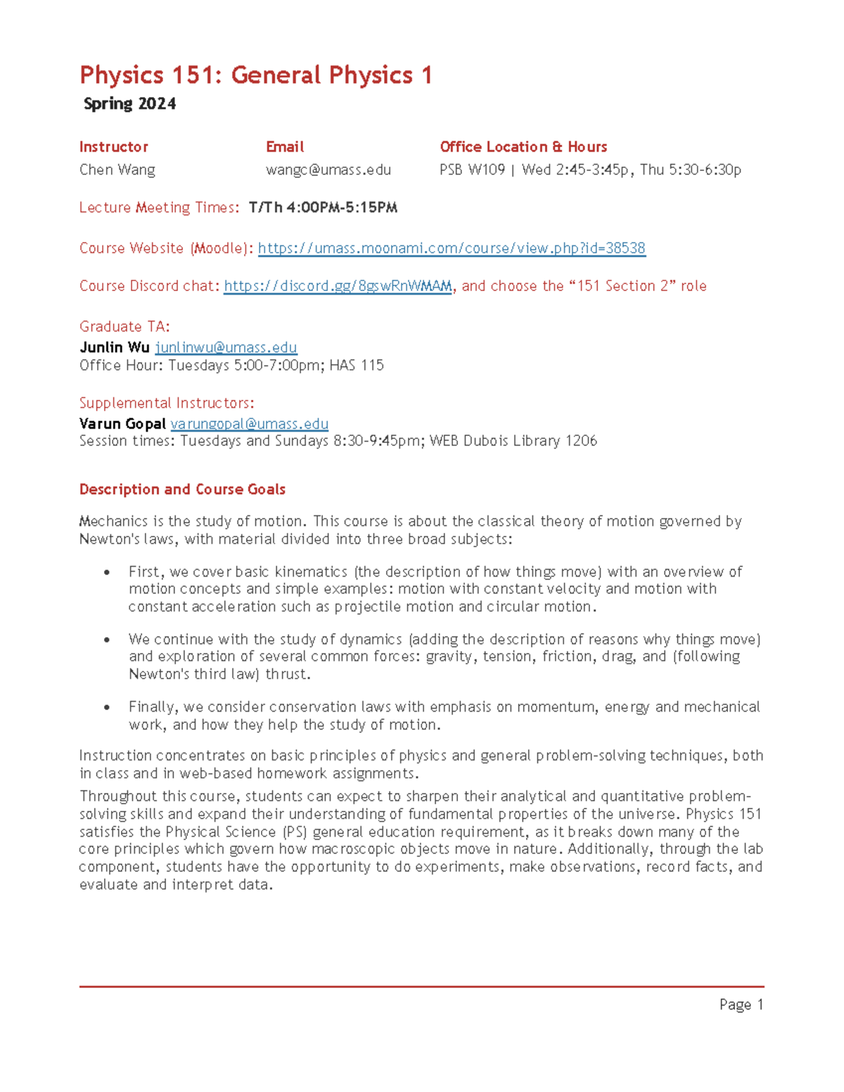 Physics 151 Syllabus - Spring 2024 - Section 2 Details - Studocu