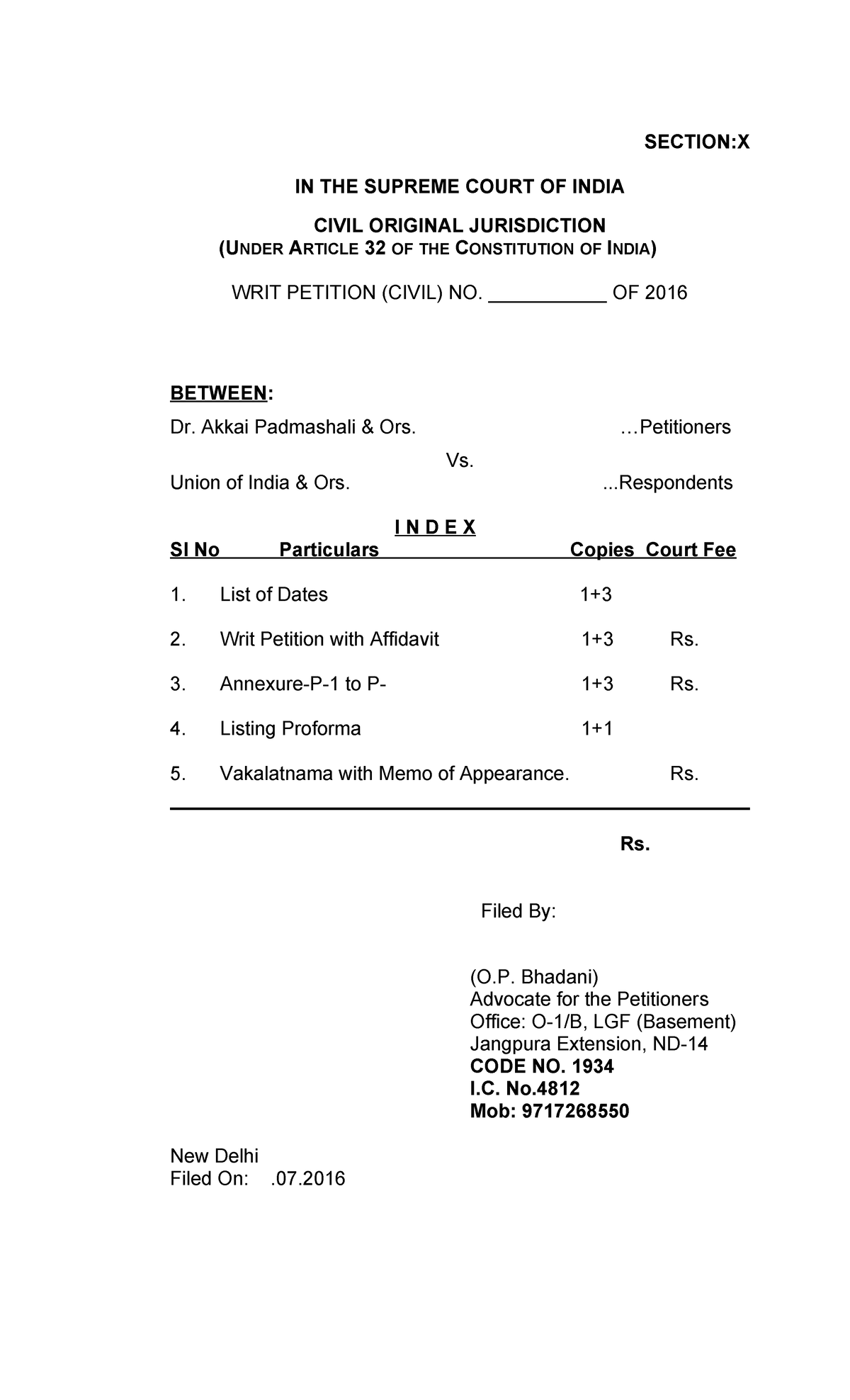 WRIT Petition Revised and Formatted Draft 7 - SECTION:X IN THE SUPREME ...