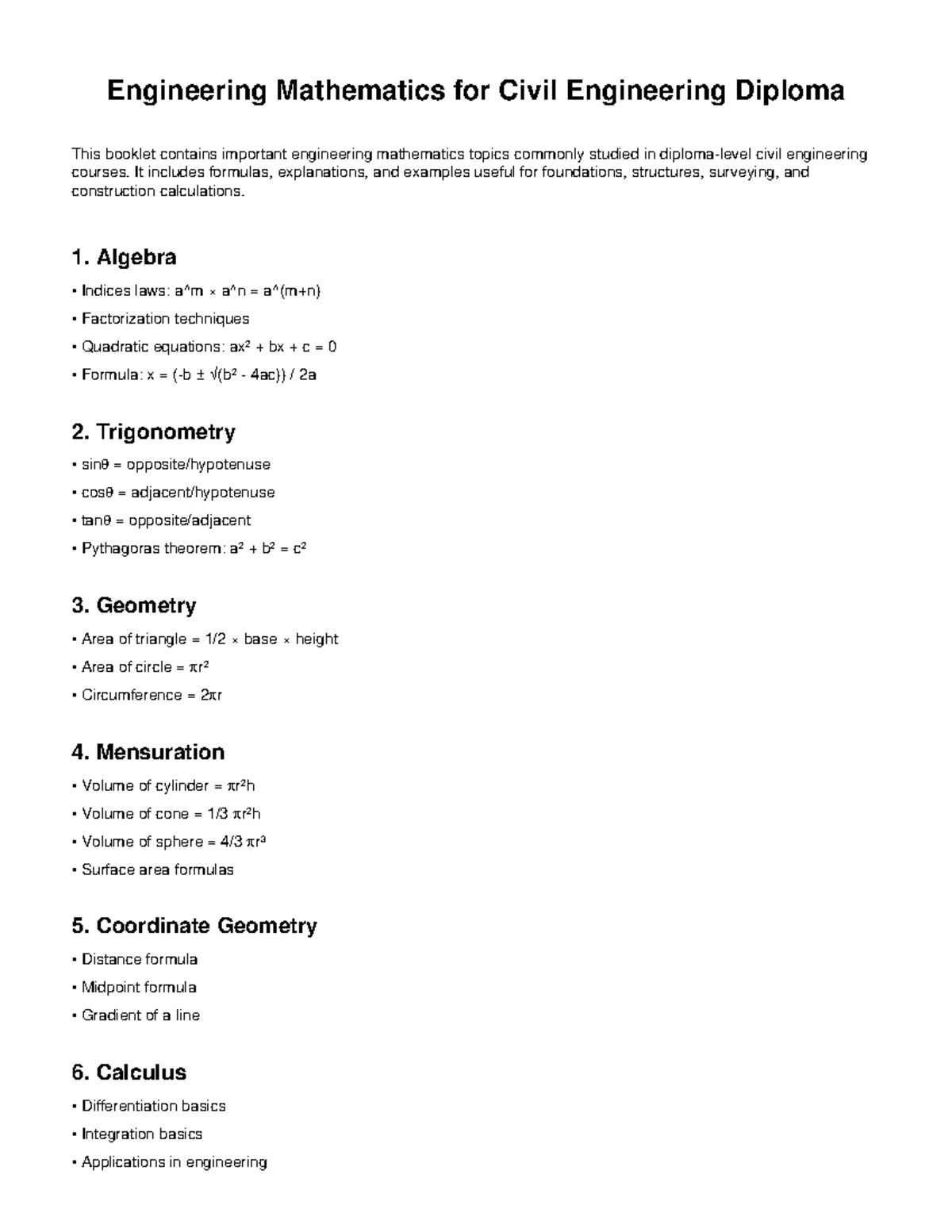 Engineering Mathematics for Civil Eng. Diploma - Key Topics & Formulas ...