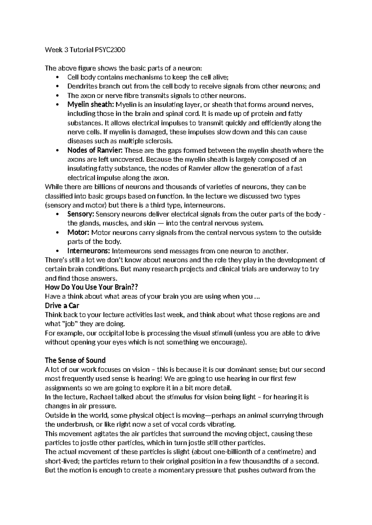 Week 3 Tutorial Notes on Neurons and Sensory Processing in PSYC2300 ...