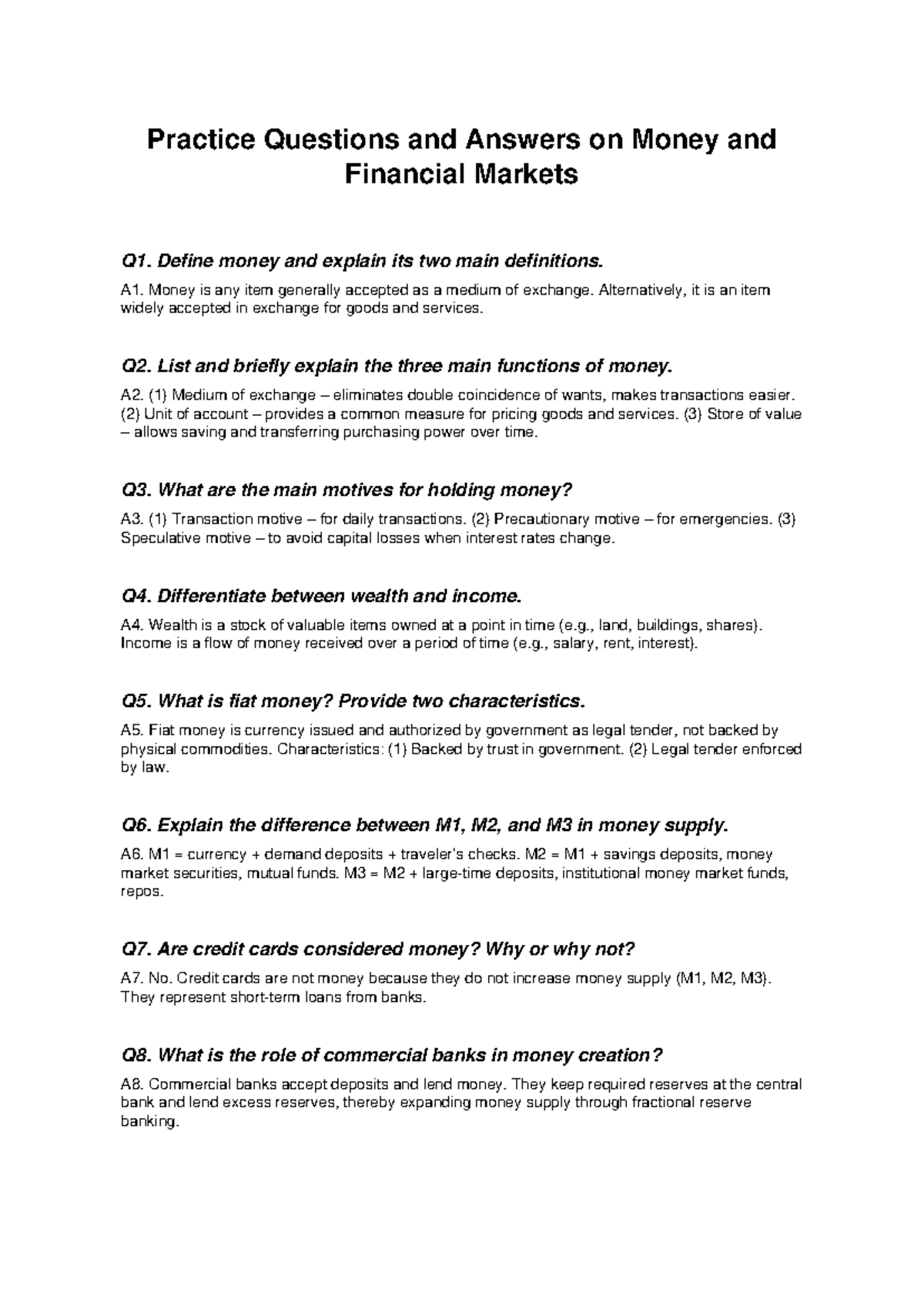 Money and Financial Markets Practice Questions and Answers - Studocu